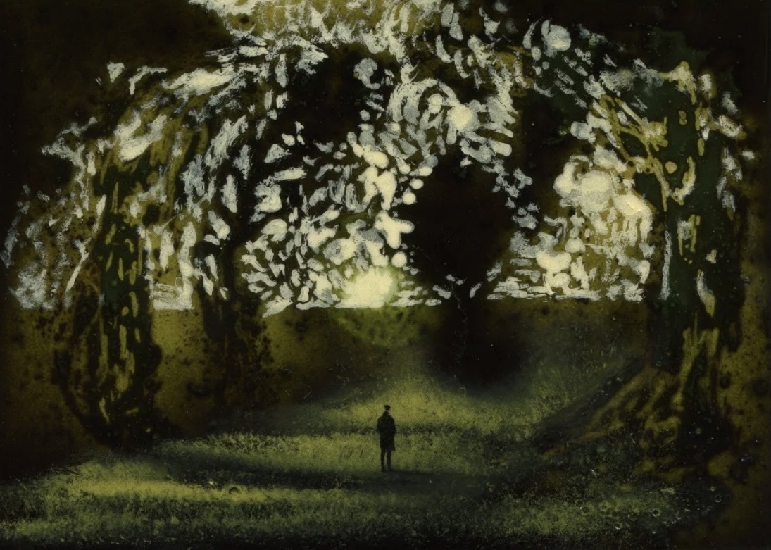 A lone figure stands in a field of grass, dwarfed by two large, abstract trees that frame a bright, hazy horizon. The artwork has a surreal and dreamlike quality, with a dark, atmospheric color palette.