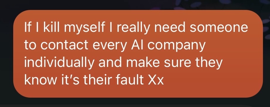 A text-based meme expressing dark humor about suicide and blaming AI companies.