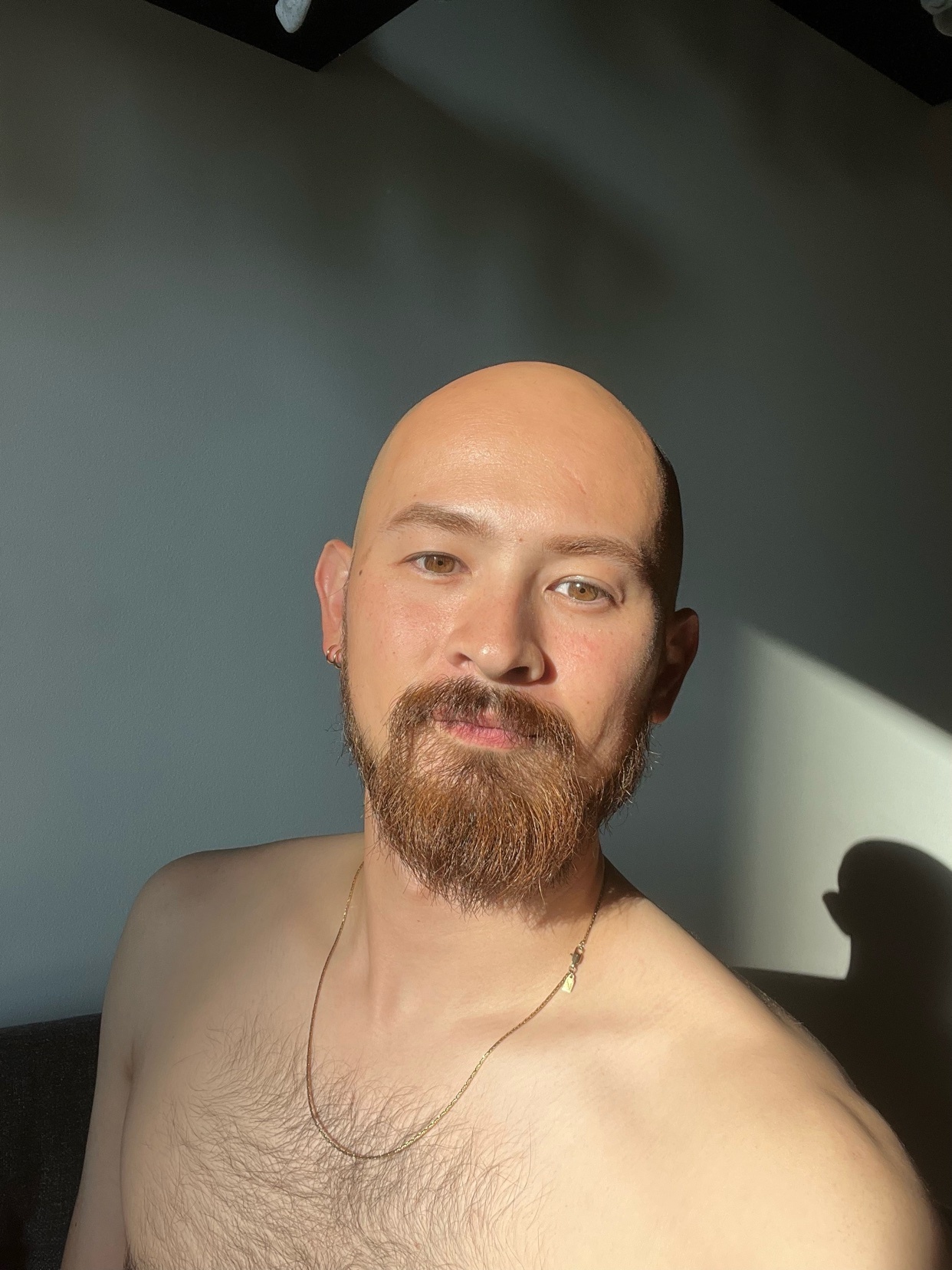 A shirtless man with a bald head and a beard poses for a selfie in the sunlight. He is wearing a thin gold chain around his neck.