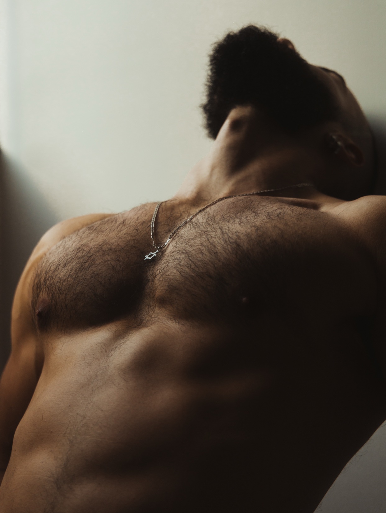 A shirtless man leans against a wall, his muscular chest and dark hair highlighted. The artistic photo emphasizes the man's physique.