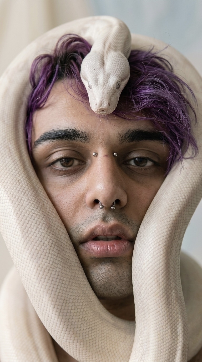 A close-up portrait of a man with purple hair and facial piercings, with a large white snake wrapped around his head.