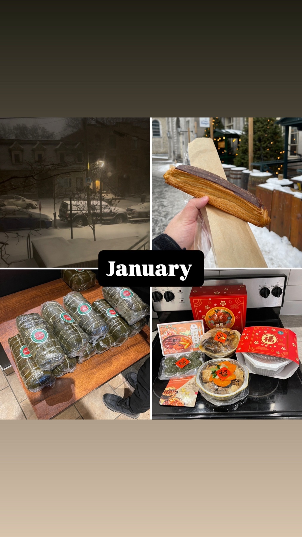 A collage of food and winter scenes. Includes an eclair, banh tet, and other asian dishes.