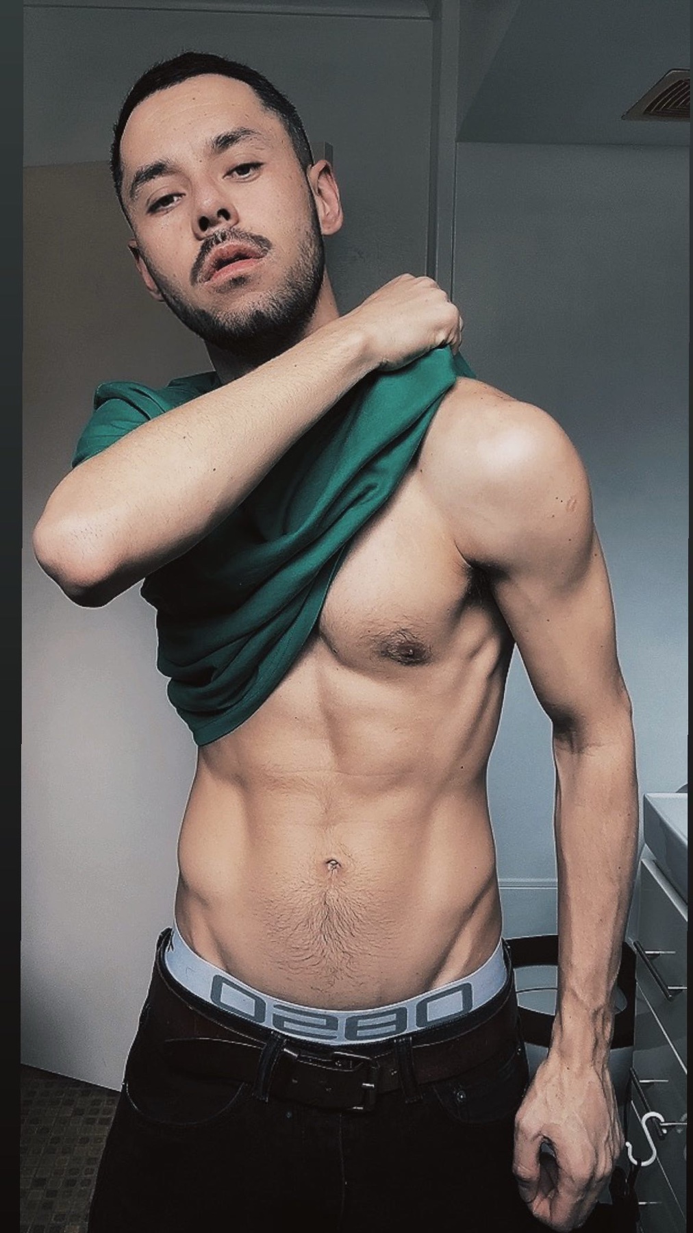 A man with dark hair and stubble poses while lifting his green t-shirt to reveal his muscular abs. He is wearing jeans and underwear.