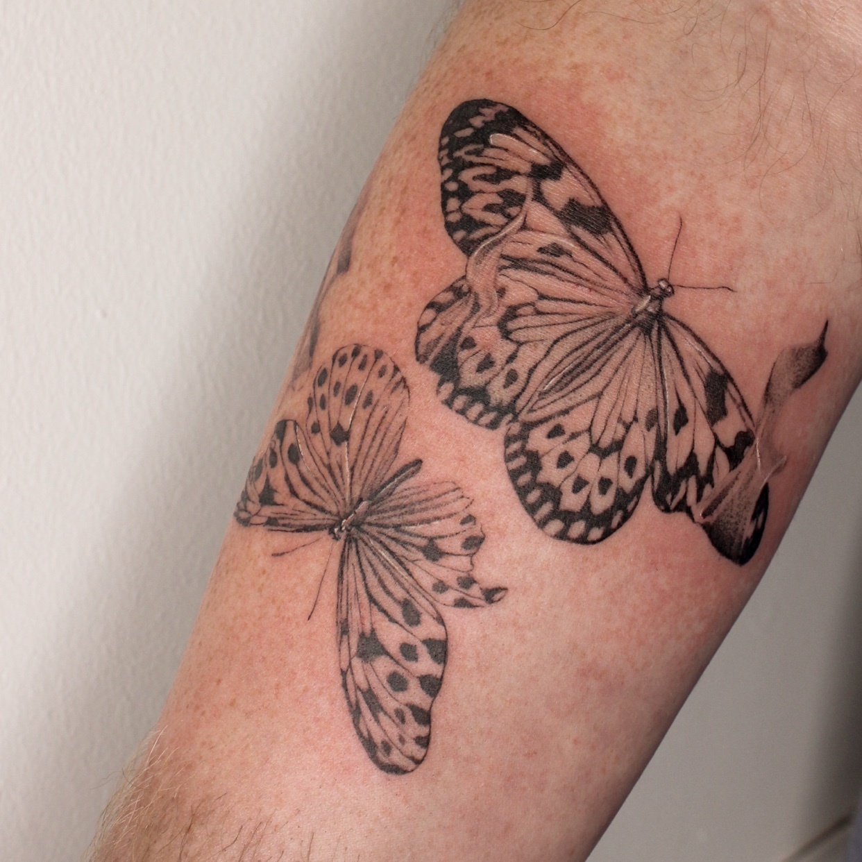A close-up shot of a tattoo on an arm. The tattoo features two detailed butterfly designs.