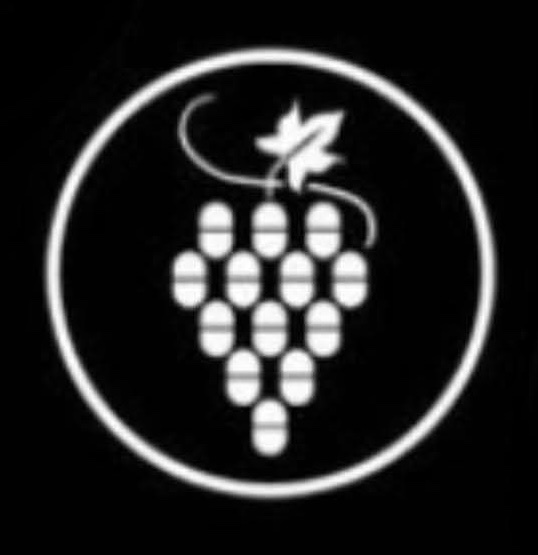 A black and white graphic design features a cluster of grapes with a vine and leaf, enclosed in a circle.