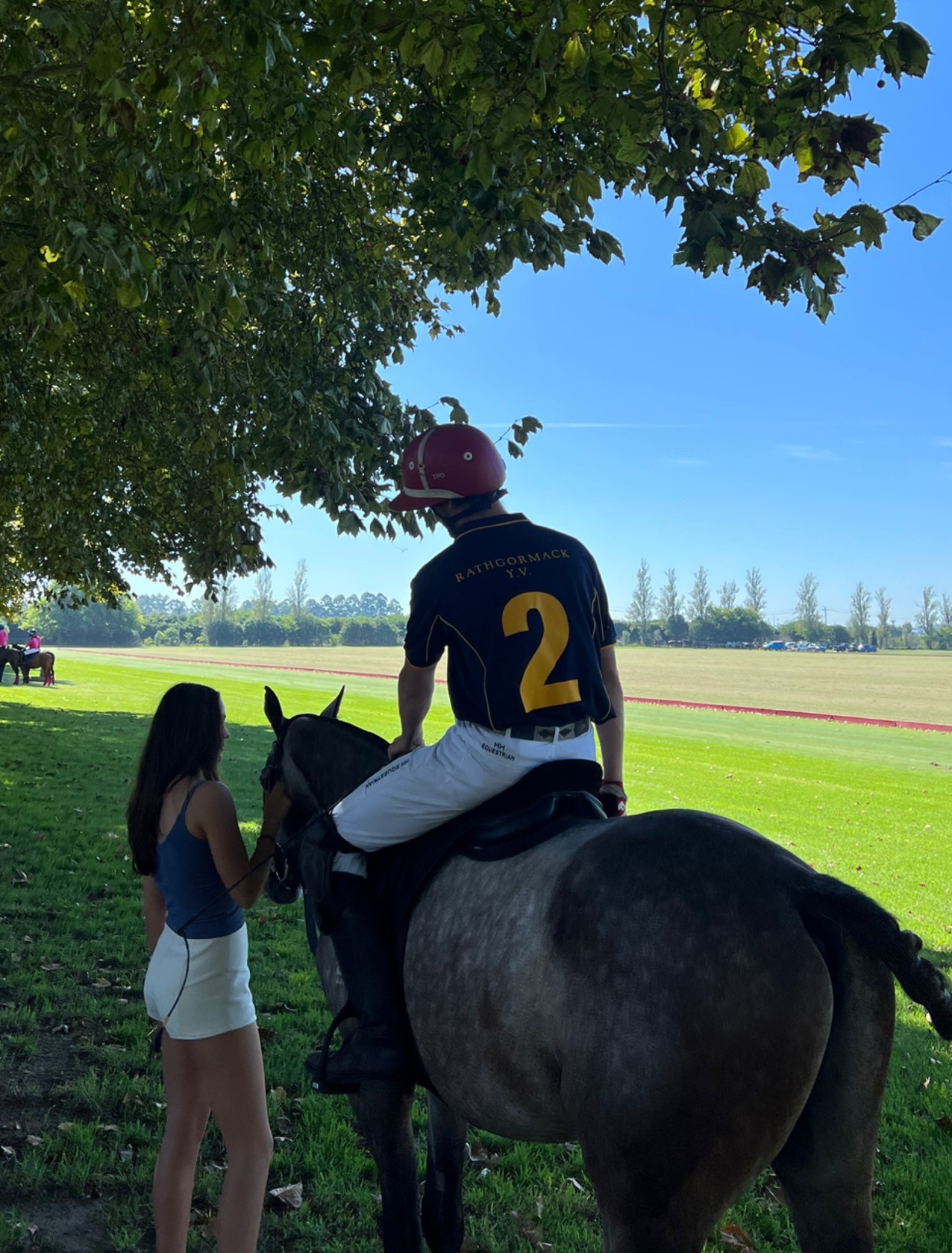 A man in a polo uniform sits atop a horse on a grassy field, while a woman stands beside him. The scene is set against a backdrop of a clear blue sky and lush green trees, suggesting a sunny day at a polo match.