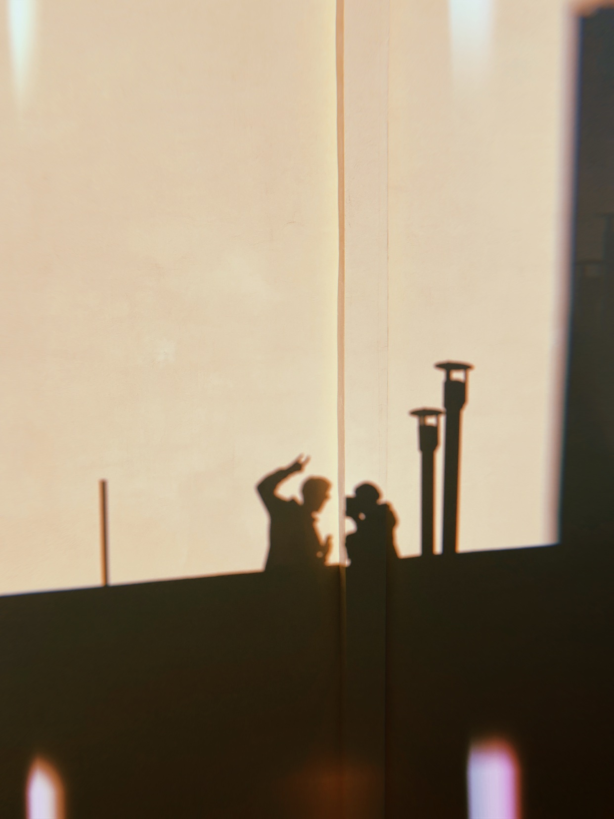 Two figures are silhouetted against a warm, hazy sky, appearing to be on a rooftop. One figure raises a hand, possibly waving, while the other stands close by.