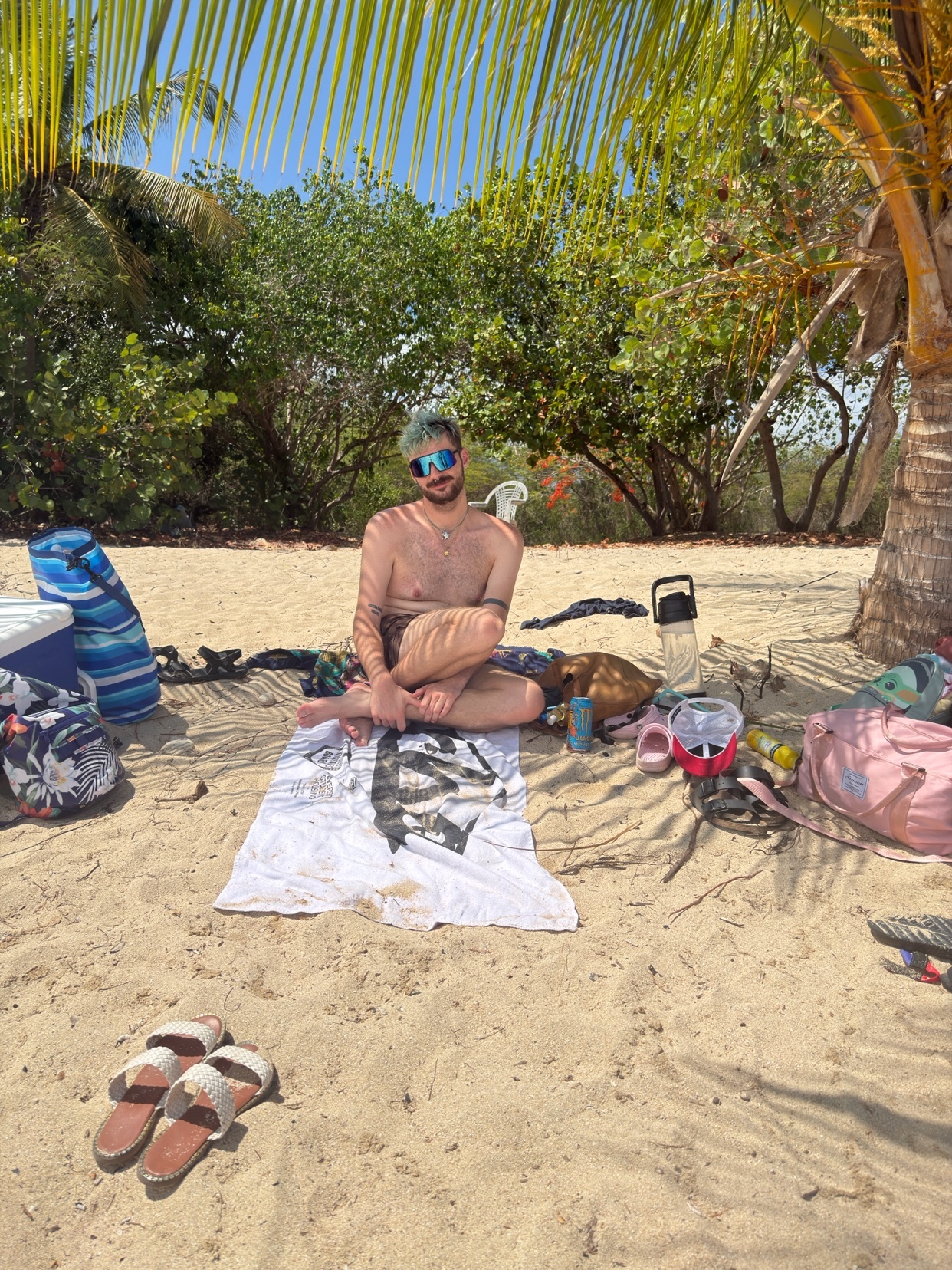 A man with blue hair and sunglasses sits on a towel on a sandy beach, with palm trees and lush greenery in the background. He is shirtless, showing off his tattoos.