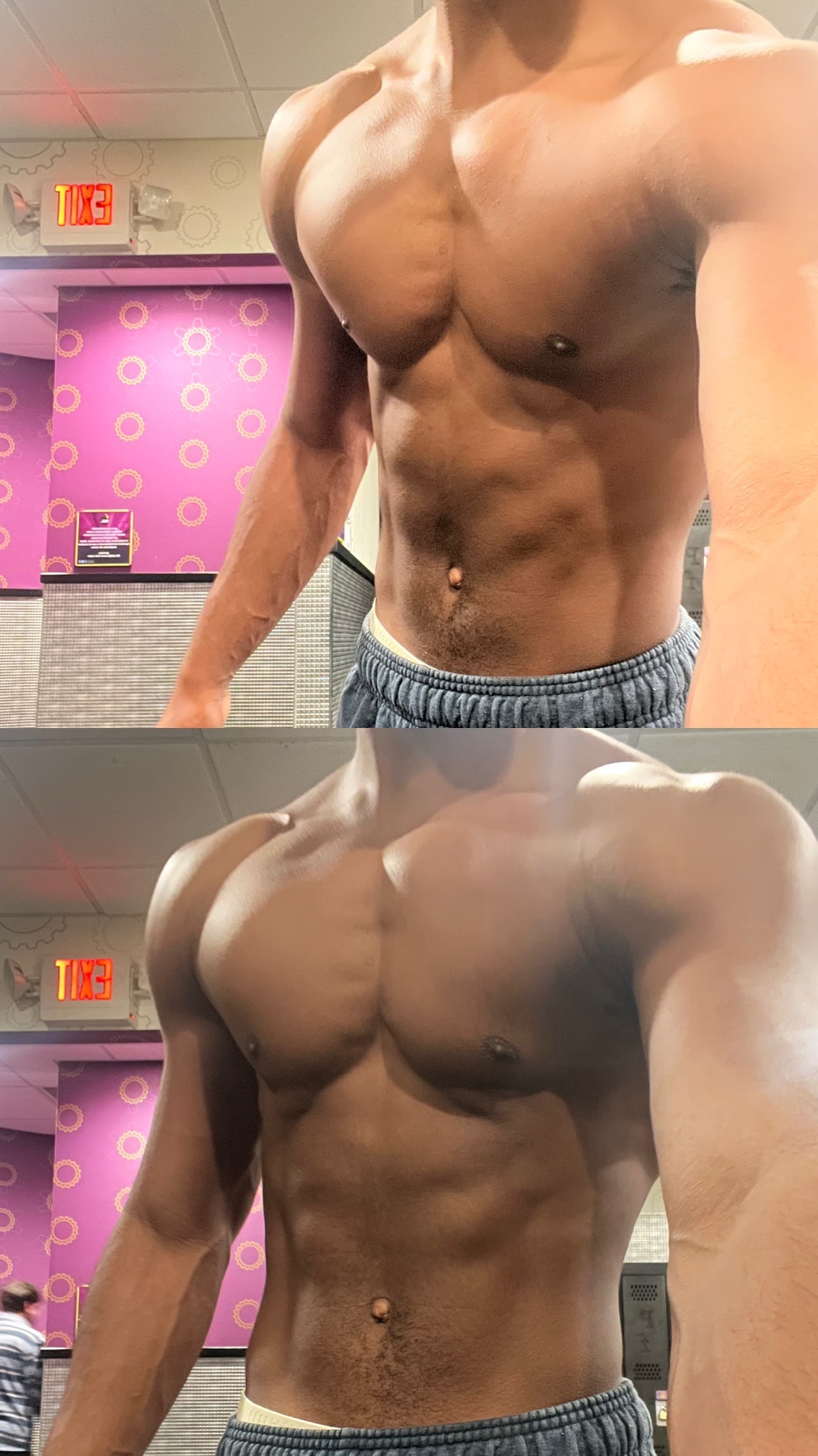 A man flexes his muscular physique in a gym setting. The photo highlights his defined chest, arms, and abs.