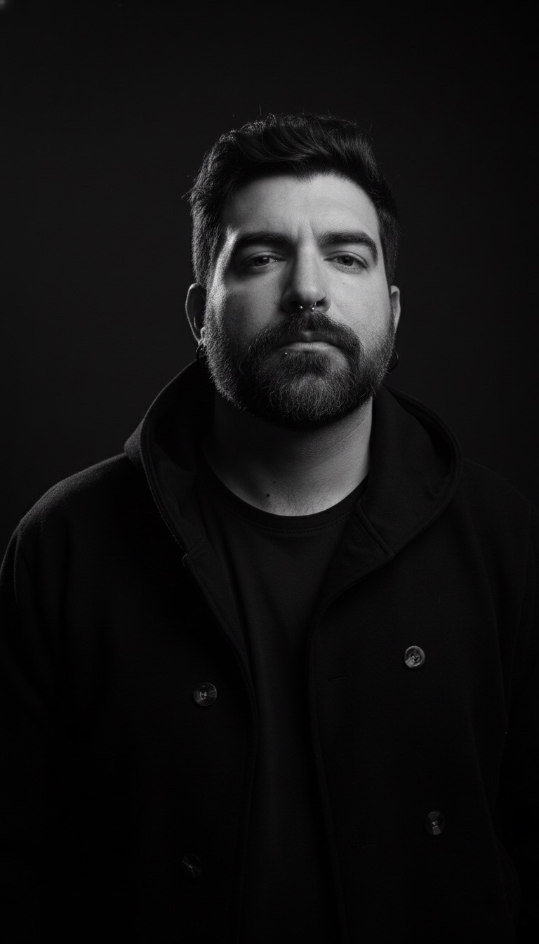 A black and white portrait of a man with a beard. He is wearing a black hoodie and looking directly at the camera.