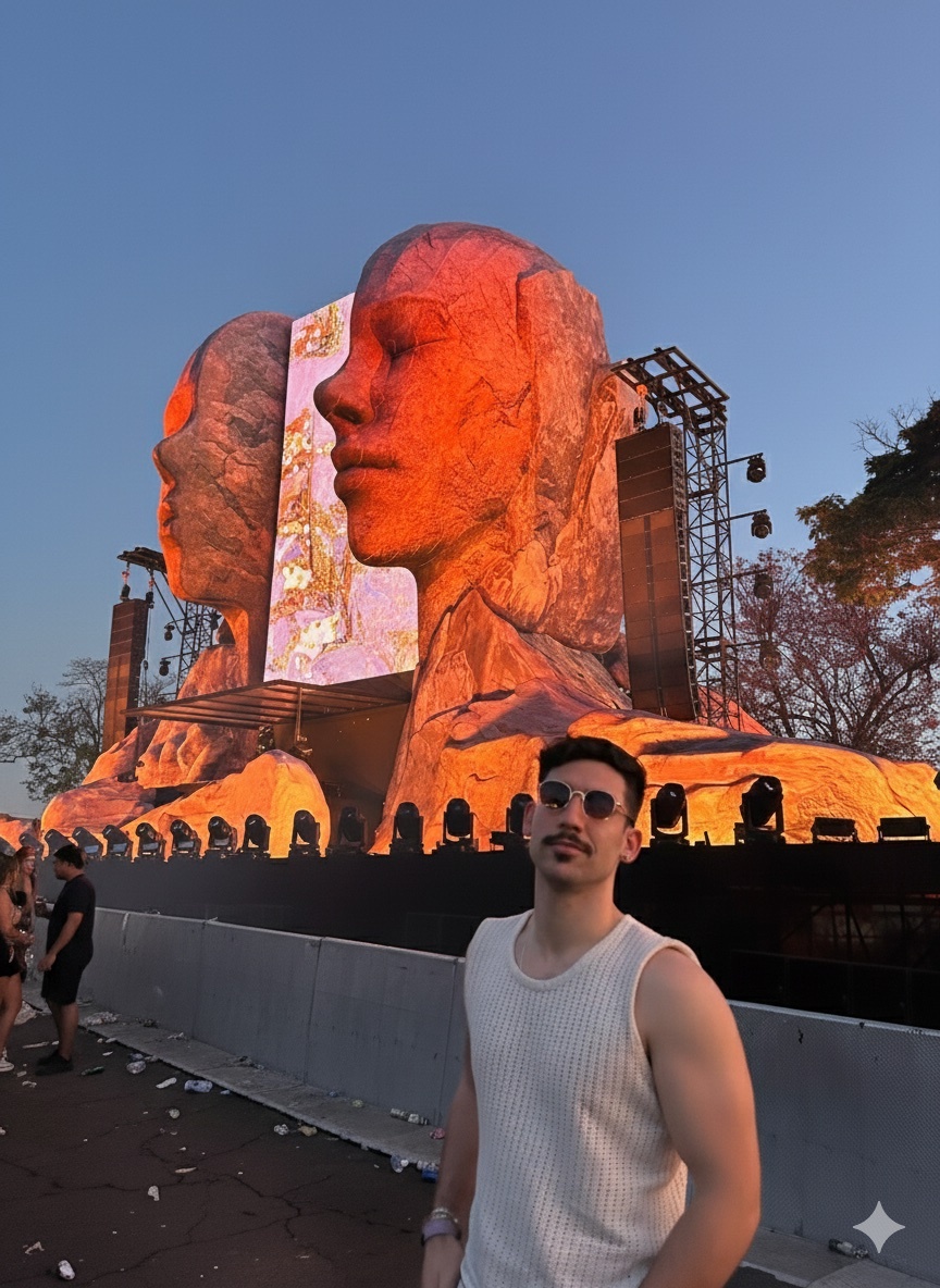 A man with a mustache and sunglasses poses in front of a large, illuminated art installation featuring two giant heads at an outdoor festival.