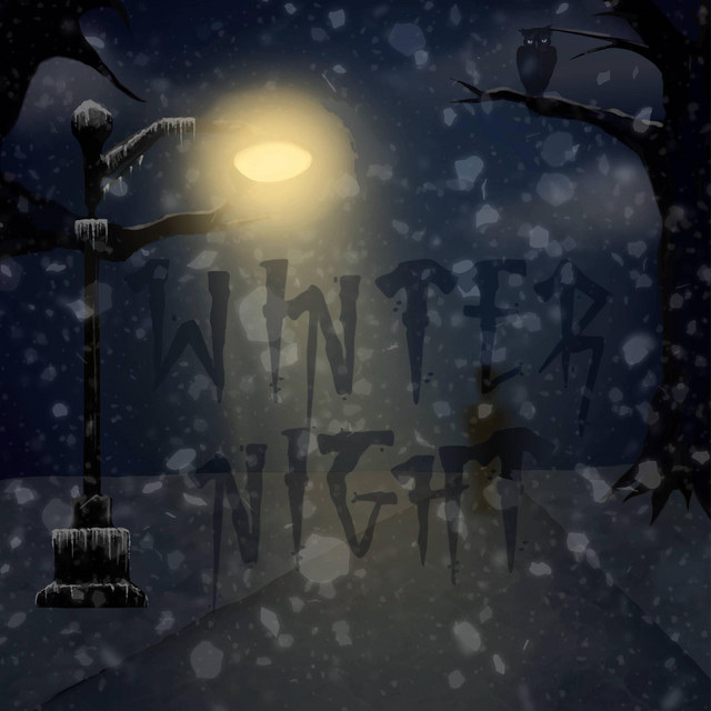 A dark, illustrative graphic design depicts a winter night scene with snow falling. A street lamp illuminates the snowy path, and an owl perches on a bare tree branch. The words "WINTER NIGHT" are overlaid on the image in a distressed font.