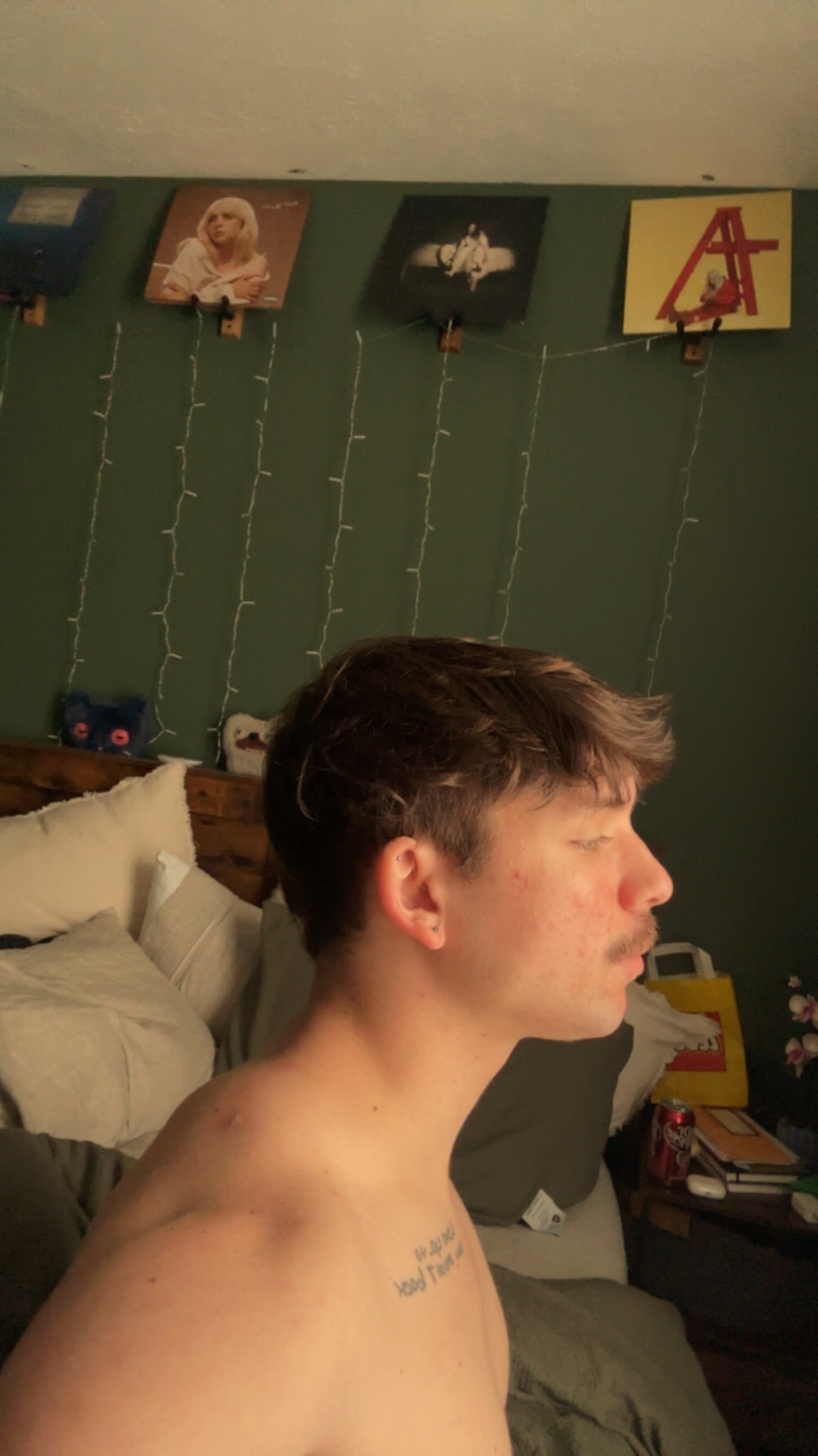 A man is shown in profile, sitting in a bedroom. He has stubble and a mustache, and a tattoo is visible on his chest. Records hang on the wall behind him, adorned with fairy lights.