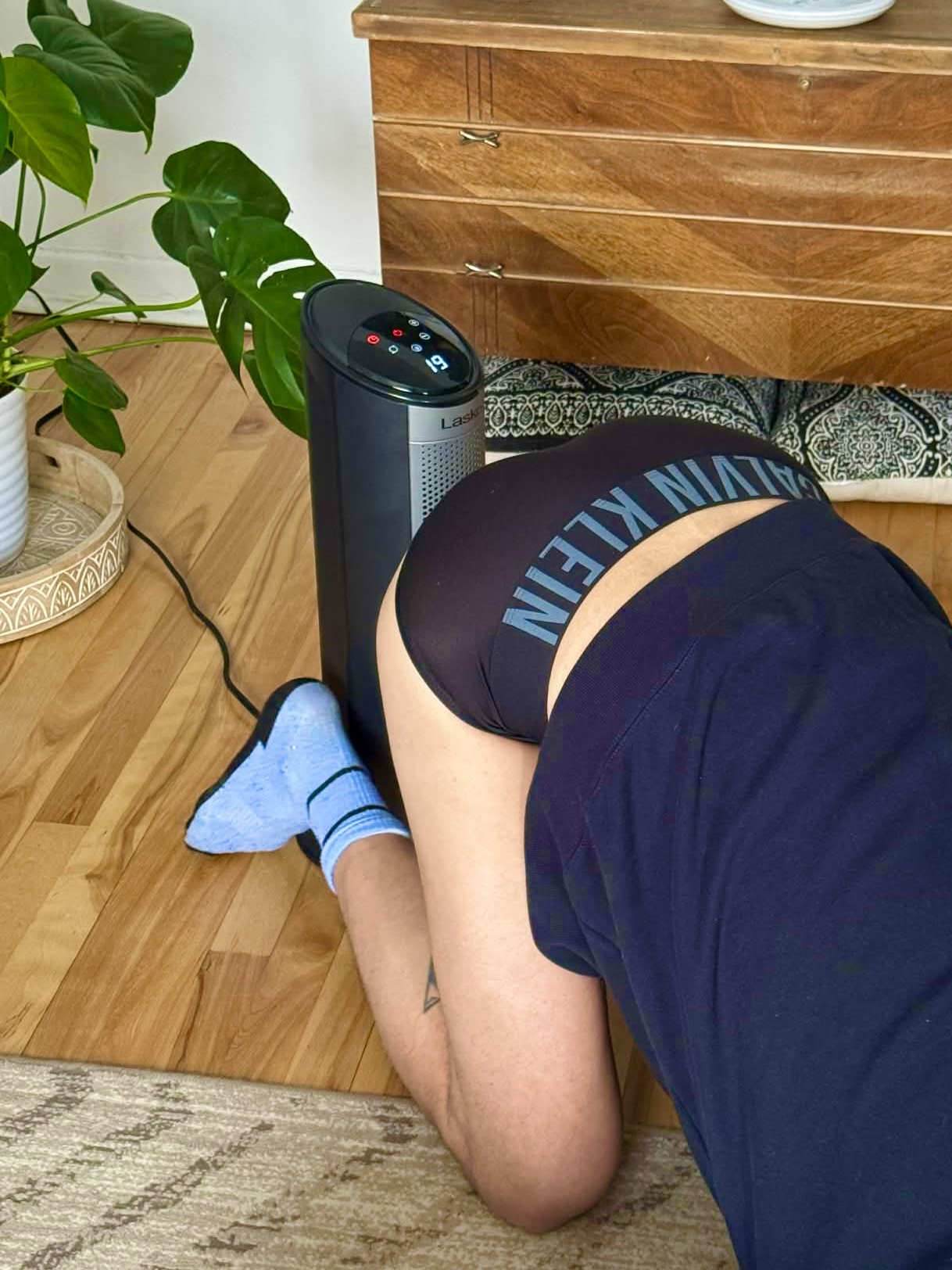 A person wearing Calvin Klein underwear and socks bends over near a heater and a large indoor plant. The person is wearing a dark t-shirt and has a tattoo on their leg.