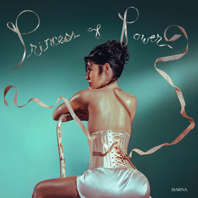 A woman with her back to the camera wears a vintage corset and satin skirt, adorned with flowing ribbons against a teal background. The text "Princess of Power" is elegantly displayed above her.