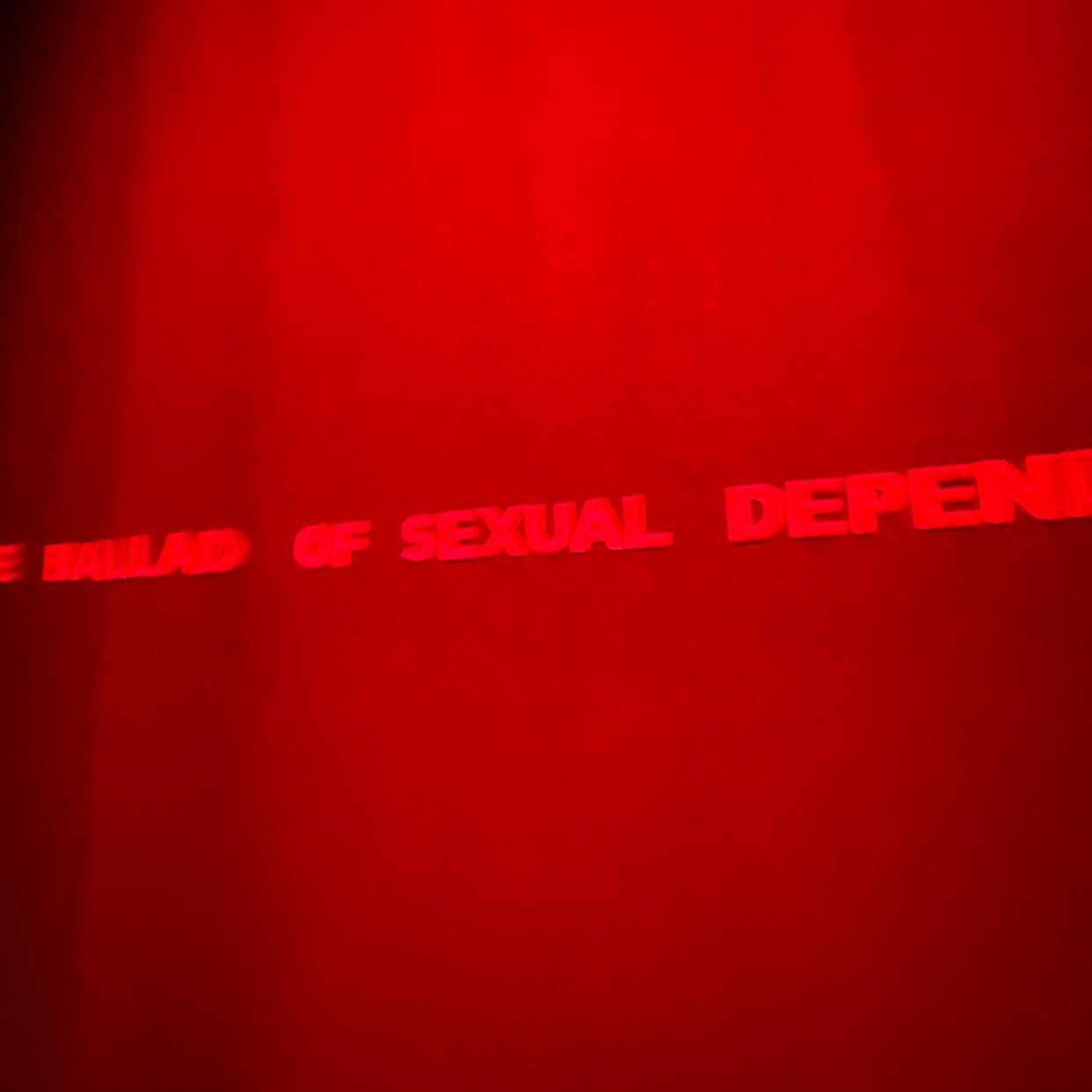The image is a deep red with the words "THE BALLAD OF SEXUAL DEPENDENCE" projected onto it in a bright red, sans-serif font. The text is slightly blurred and angled, suggesting it's projected onto a textured surface.