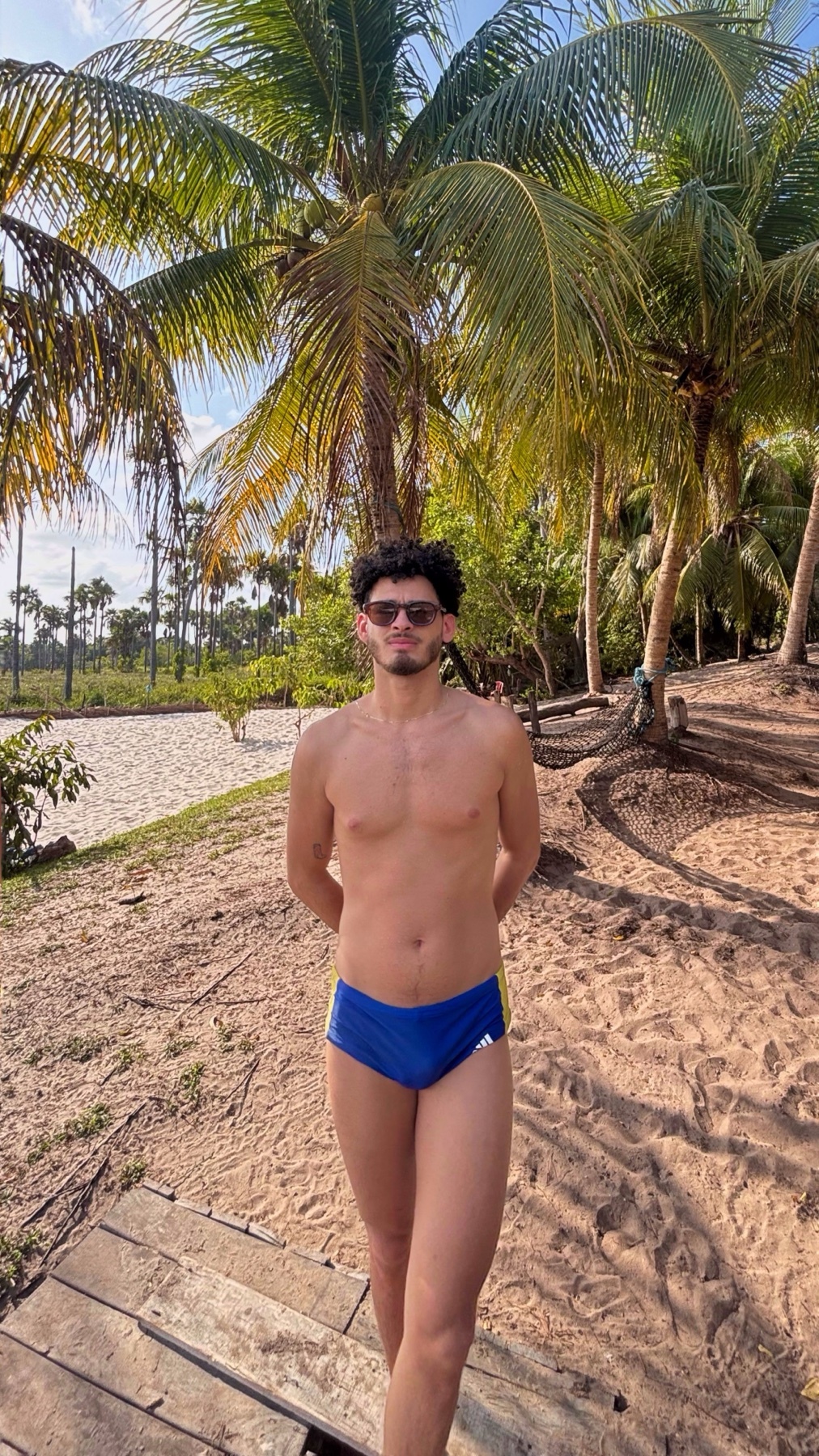 A man stands shirtless on a beach, wearing blue swimwear. Palm trees and a lake are in the background.