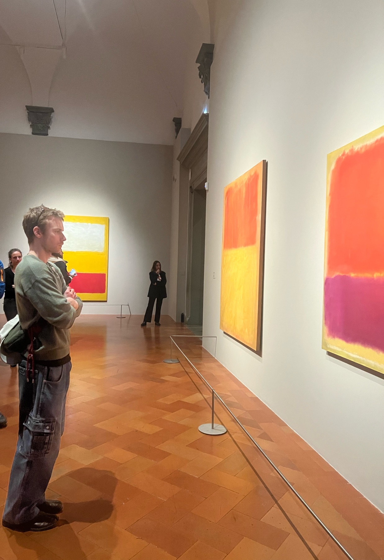 A man stands in an art museum, looking at a series of large, colorful abstract paintings. The paintings feature bold blocks of color, characteristic of color field art.