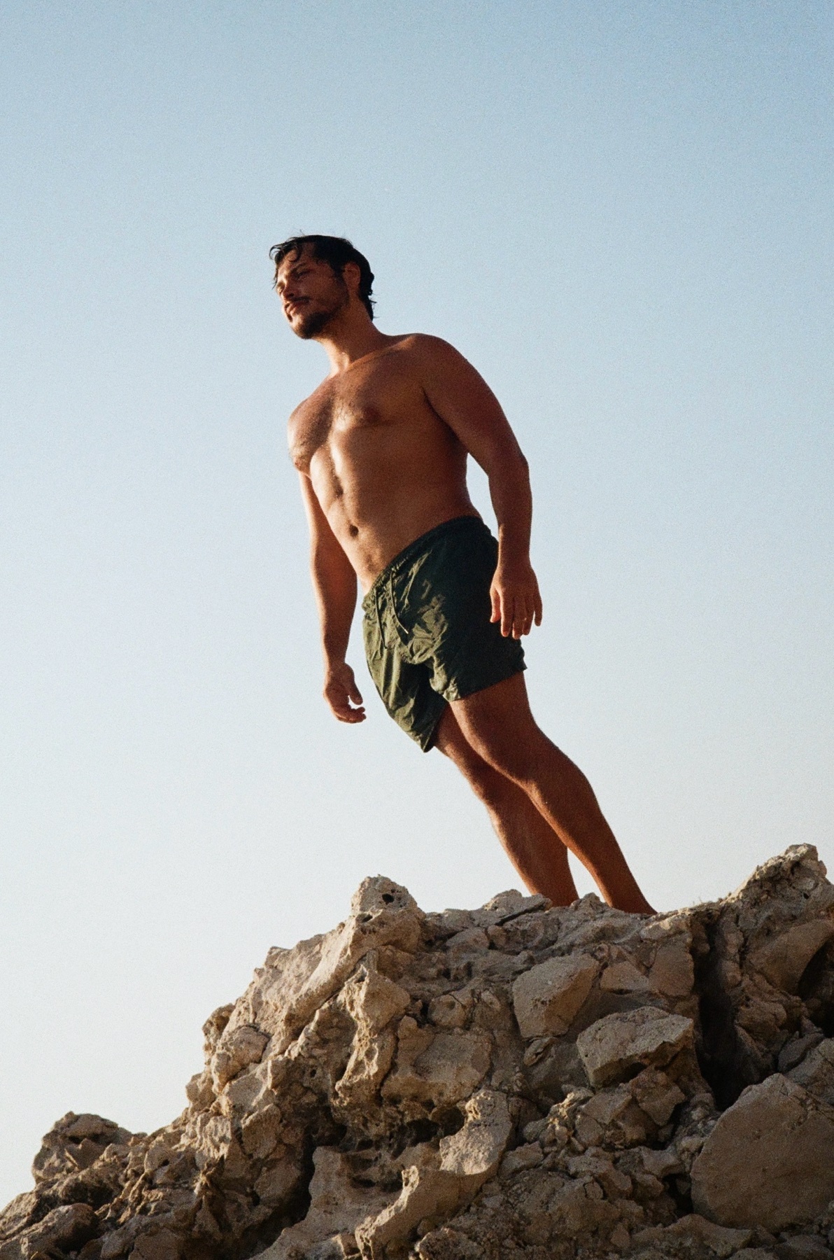 A shirtless man in dark green swim trunks poses on a rocky outcrop against a clear blue sky. He has dark hair, stubble, and a muscular physique.