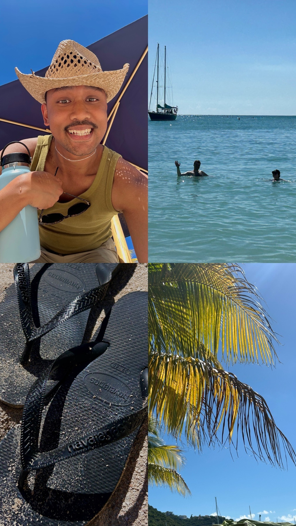 A collage of images featuring a man wearing a hat, a view of the ocean with people swimming, a close-up of a flip-flop, and a palm tree.