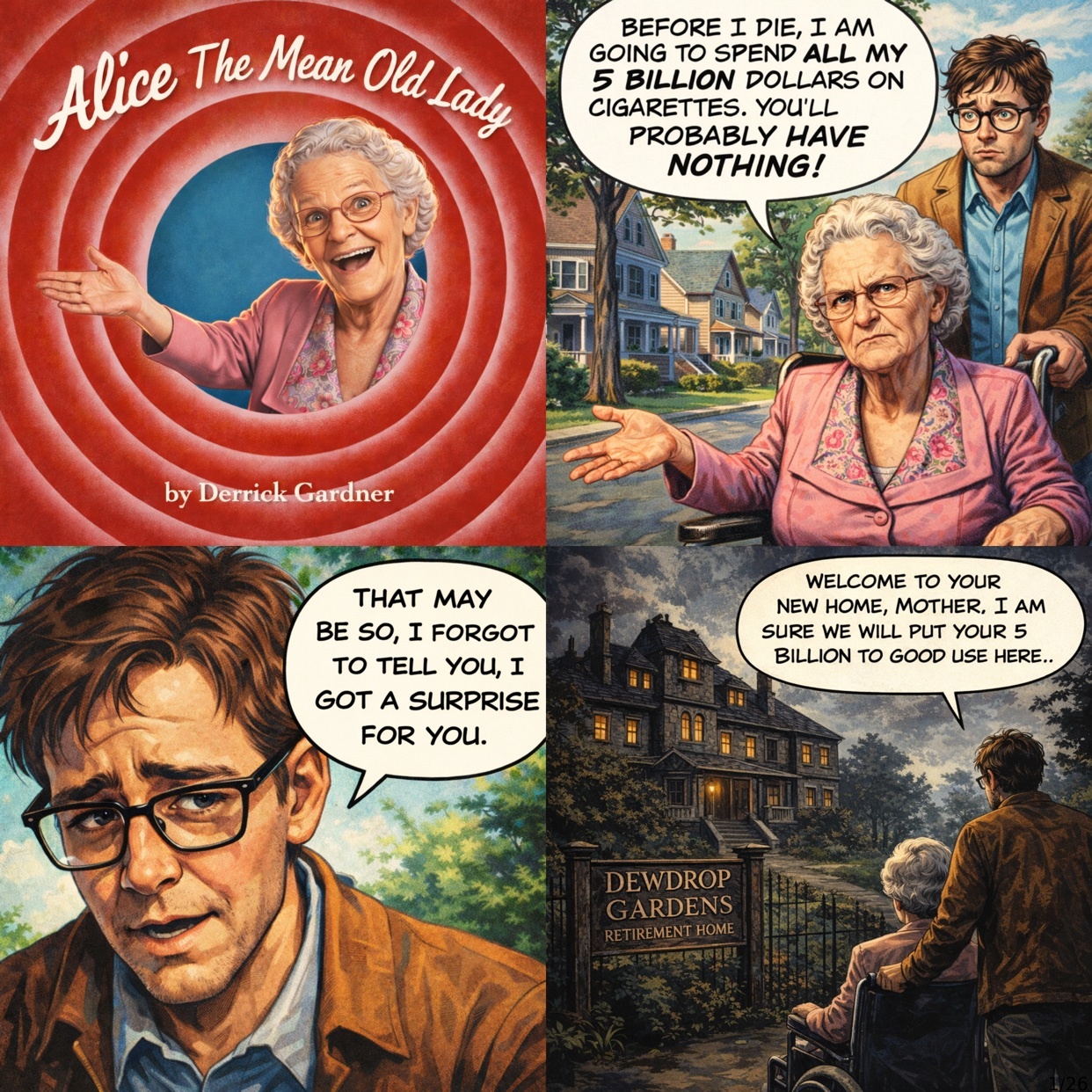 A four-panel comic strip about an elderly woman who plans to spend her money on cigarettes, much to the dismay of her son.
