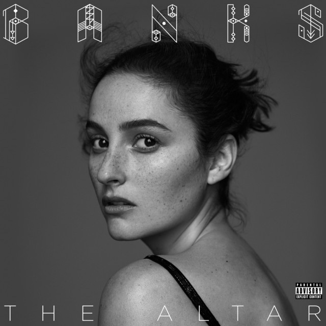 A black and white album cover features a woman with dark hair and freckles looking over her shoulder. The text "BANKS THE ALTAR" is visible on the cover.