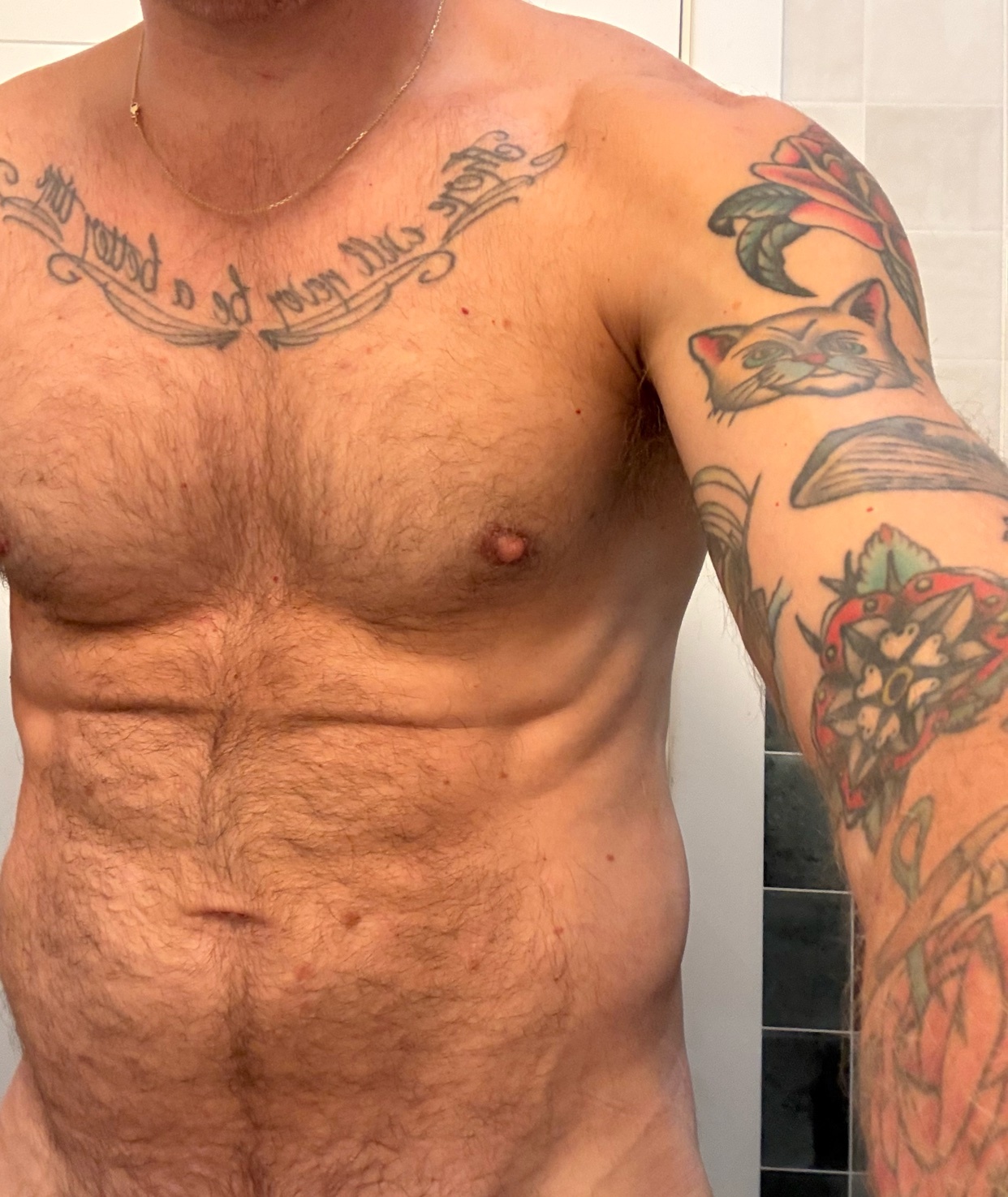 A man with extensive tattoos on his chest and arms poses shirtless, showcasing his muscular physique.