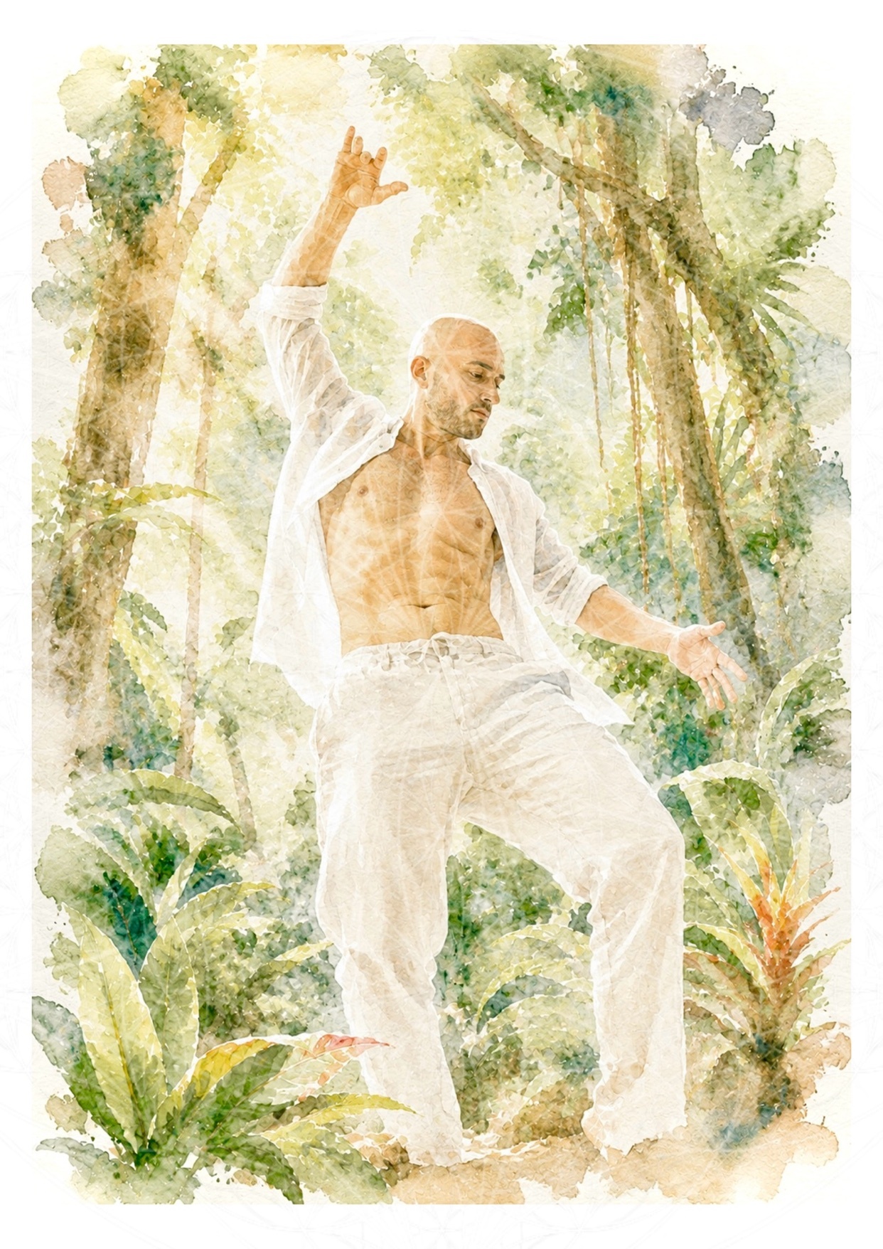 A shirtless, bald man in white clothing dances in a lush, green jungle setting. The image is rendered in a watercolor painting style with soft, diffused light.