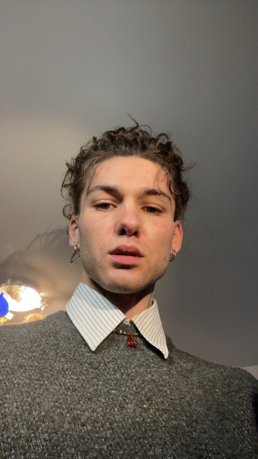 A selfie of a man with curly hair, wearing a grey sweater and a collared shirt. The man is looking directly at the camera.
