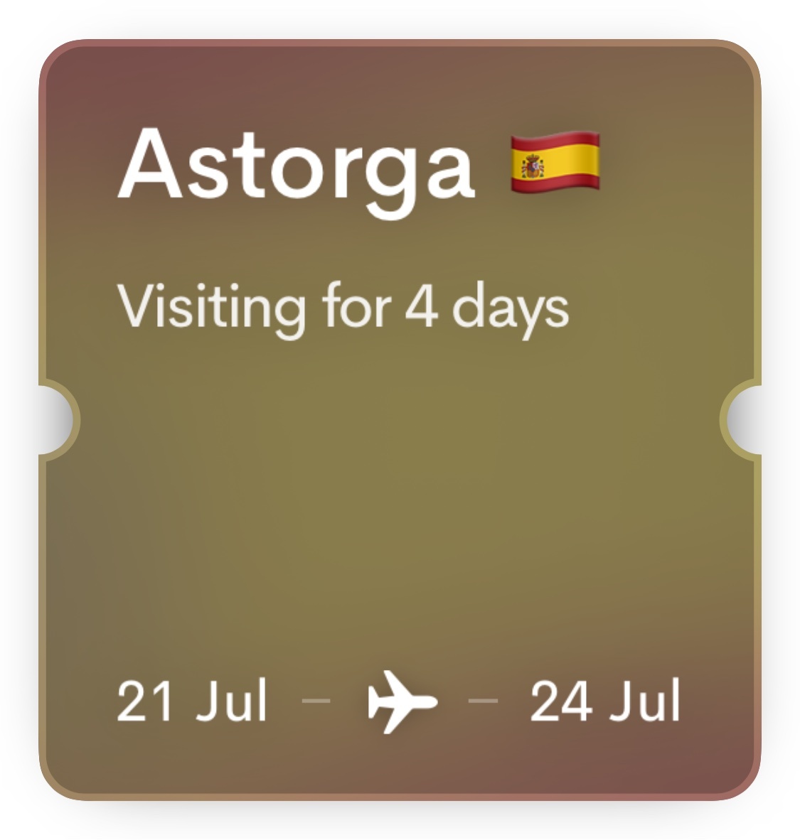 A graphic design card shows 'Astorga' with a Spanish flag, indicating a visit for 4 days from July 21 to July 24, with an airplane icon symbolizing travel.