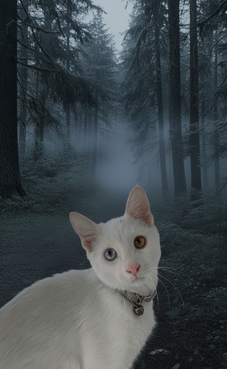 A white cat with striking blue and amber eyes is pictured in front of a dark, foggy forest scene. The cat wears a collar with a bell, and the overall mood is eerie and mysterious.