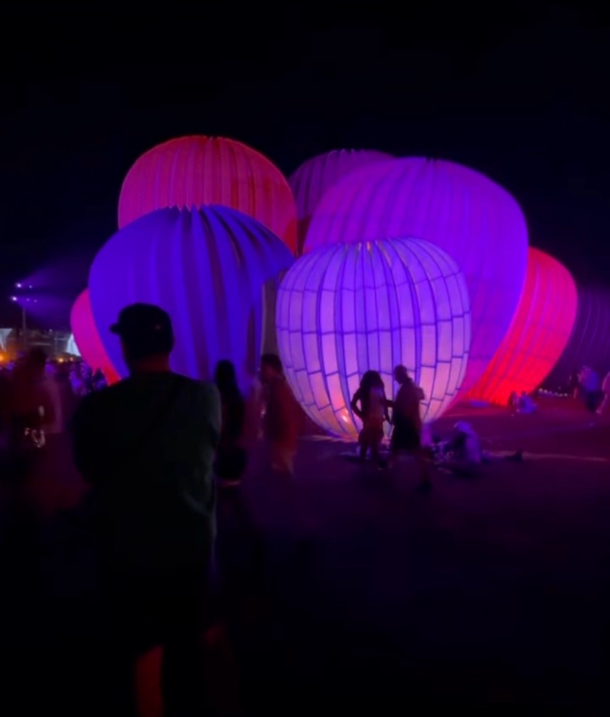 A nighttime outdoor event features a cluster of large, glowing, balloon-like sculptures illuminated in vibrant shades of purple and red. Silhouetted figures of people can be seen interacting with the art installation.