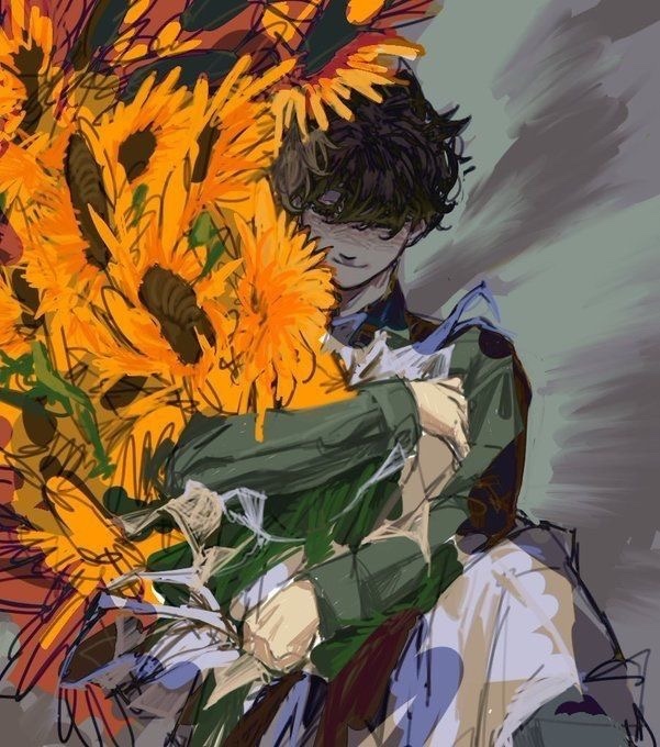 An illustration of a man holding a large bouquet of sunflowers. The artwork has an artistic and aesthetic style.