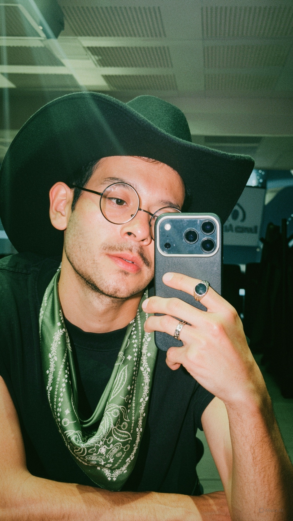 A man wearing a black cowboy hat, round glasses, and a green bandana around his neck takes a selfie with his phone.