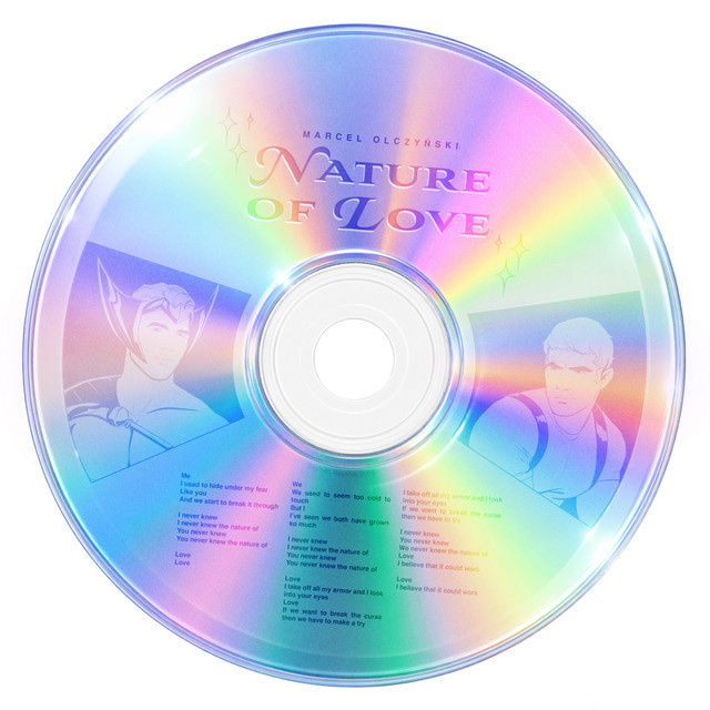A CD cover for a song titled "Nature of Love" by Marcel Olczynski. The cover features a holographic, iridescent design with illustrations of two men on either side of the disc, surrounded by lyrics.