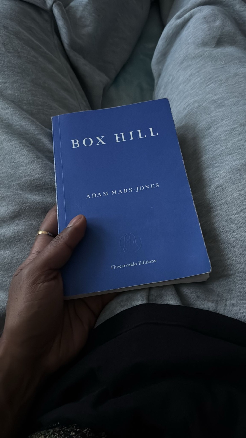 A person's hand holds a book titled "Box Hill" by Adam Mars-Jones. The book's blue cover is visible, along with the person's hand and part of their clothing.