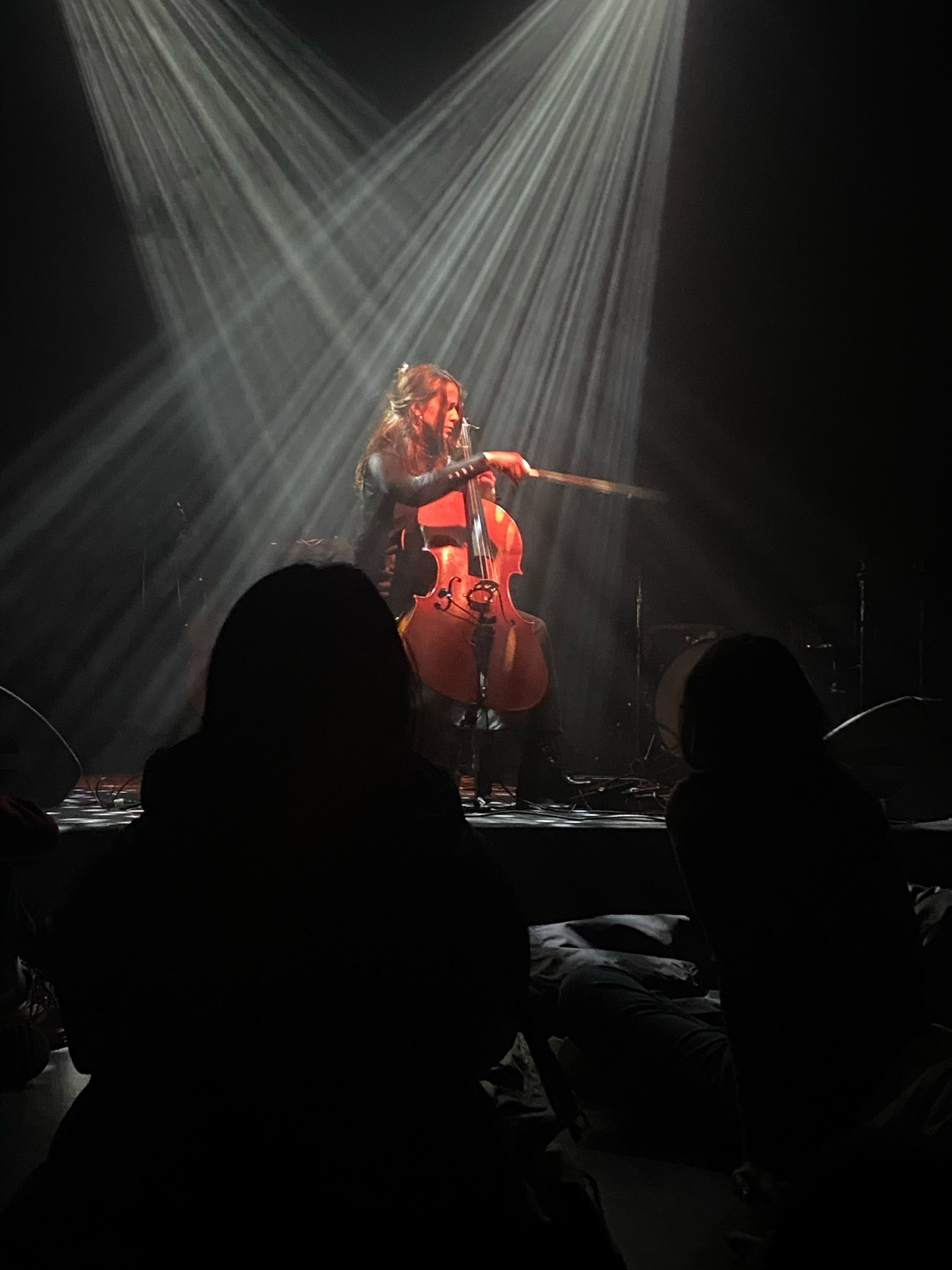A woman plays the cello on stage, illuminated by spotlights. The audience is silhouetted in the foreground.