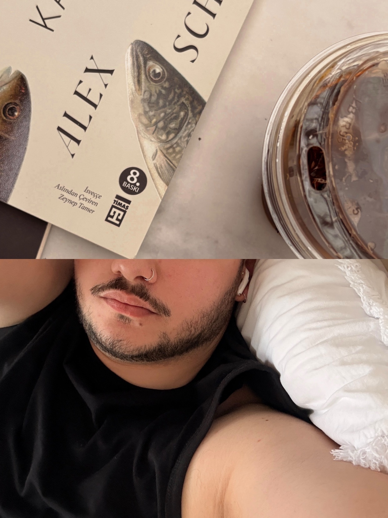 A split image shows a book and a coffee cup on the top half, and a man lying down on the bottom half. The man has stubble, a moustache, and a beard, and is wearing earbuds.