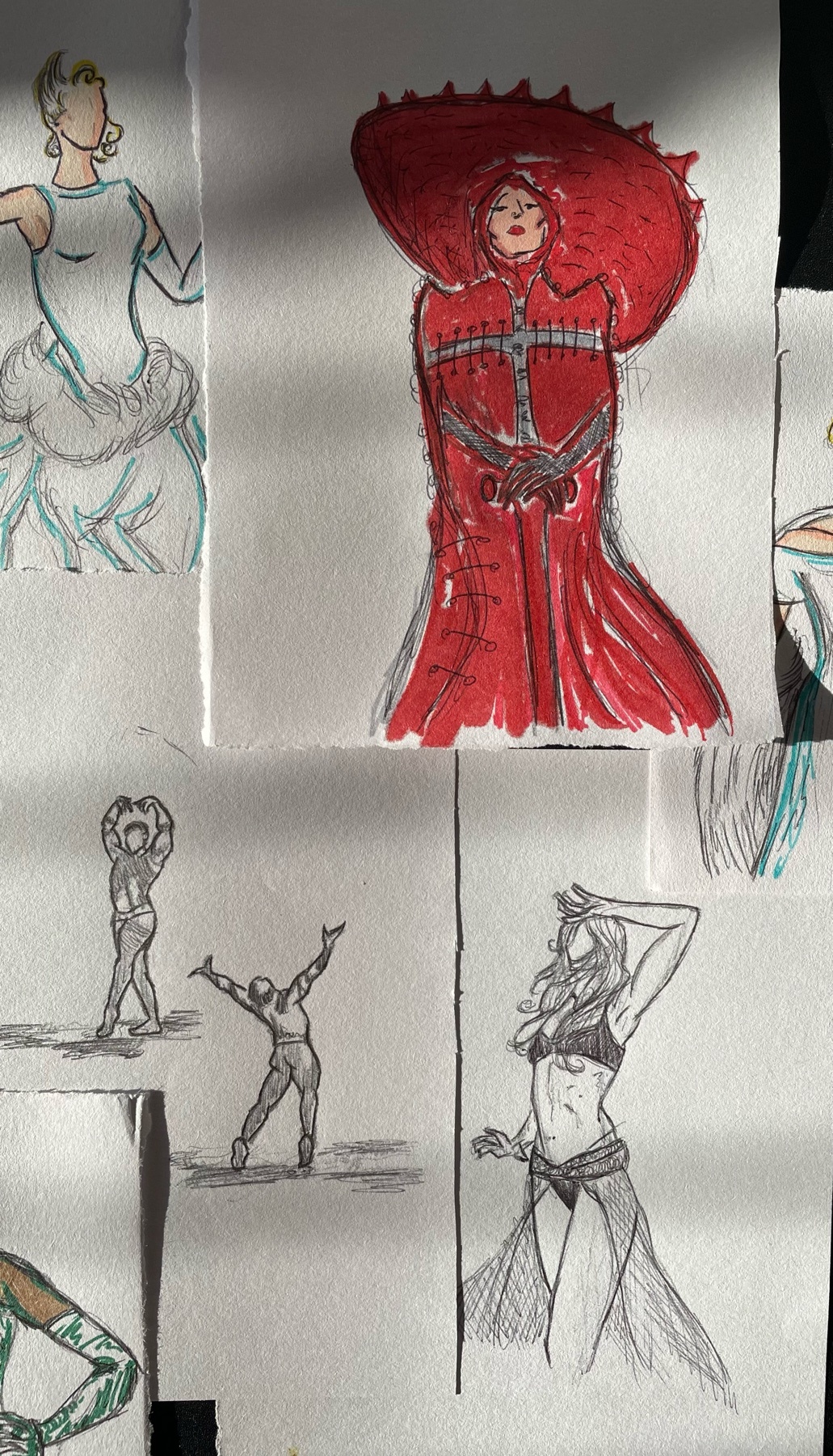 A collection of fashion illustrations, featuring a woman in a red dress and hat. The artwork showcases various styles and designs.