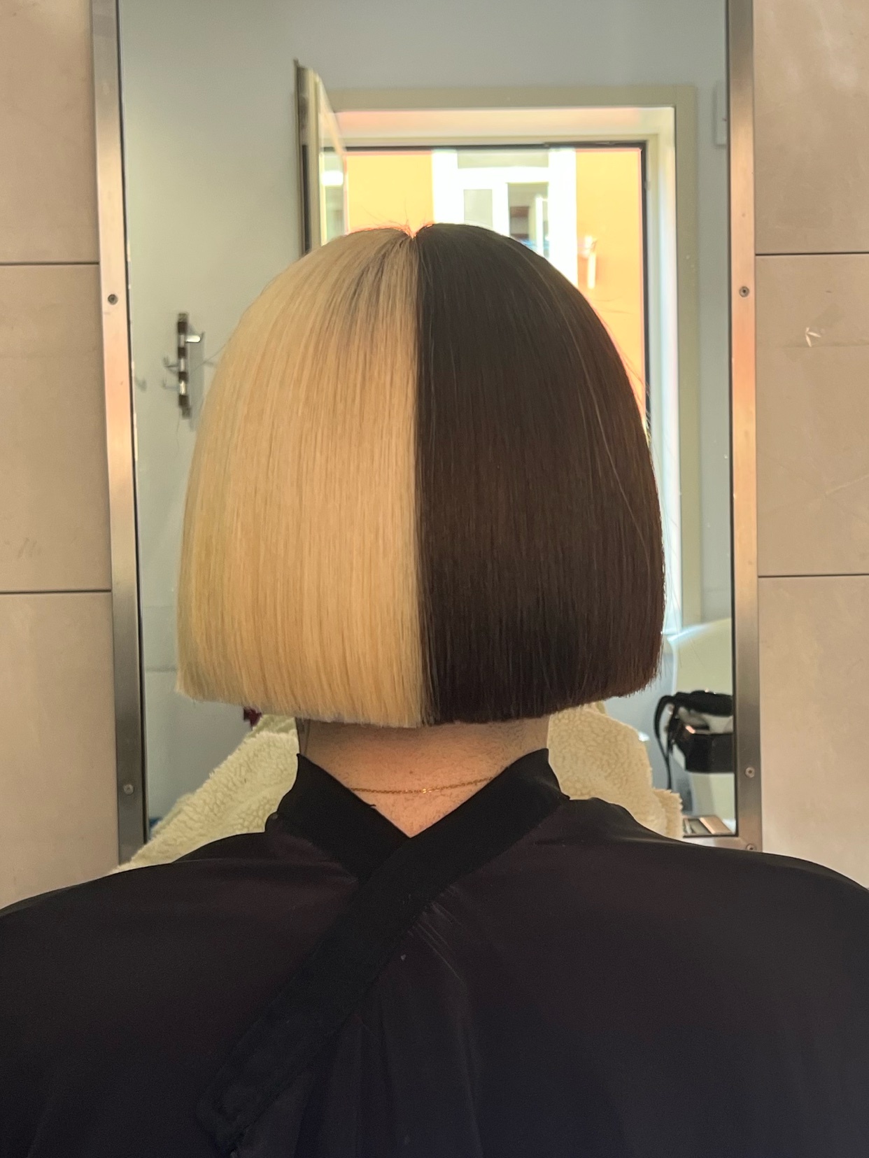 A woman's hair is styled in a two-tone bob, with one side blonde and the other dark brown. The photo is taken from behind, showcasing the unique hairstyle.