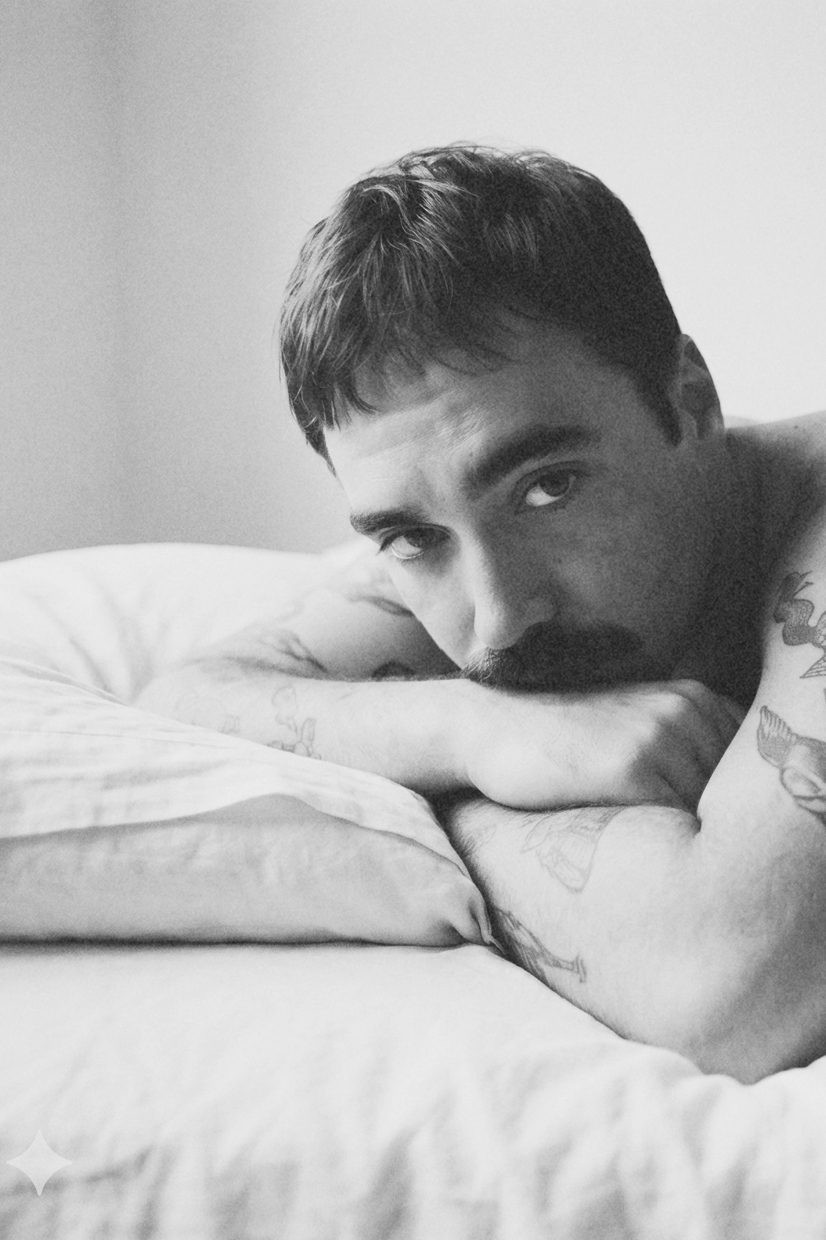A black and white, close-up portrait of a man with a mustache lying on a pillow, looking directly at the camera. He has tattoos visible on his arms.