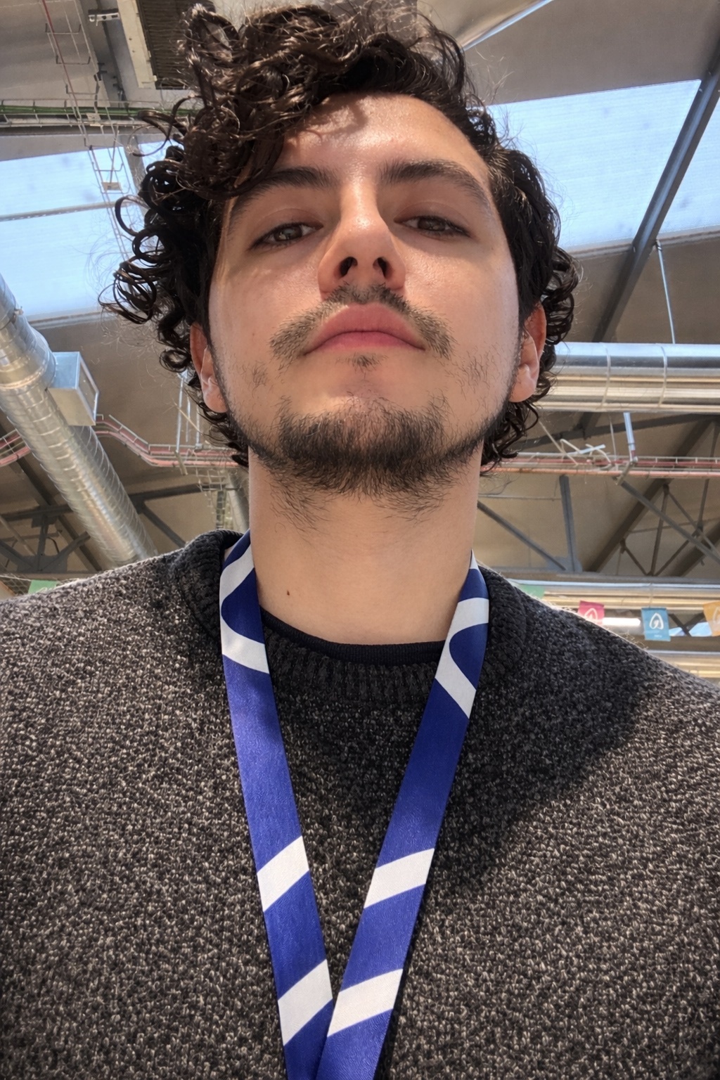 A selfie of a man with curly dark hair and stubble. He is wearing a gray sweater and a lanyard.