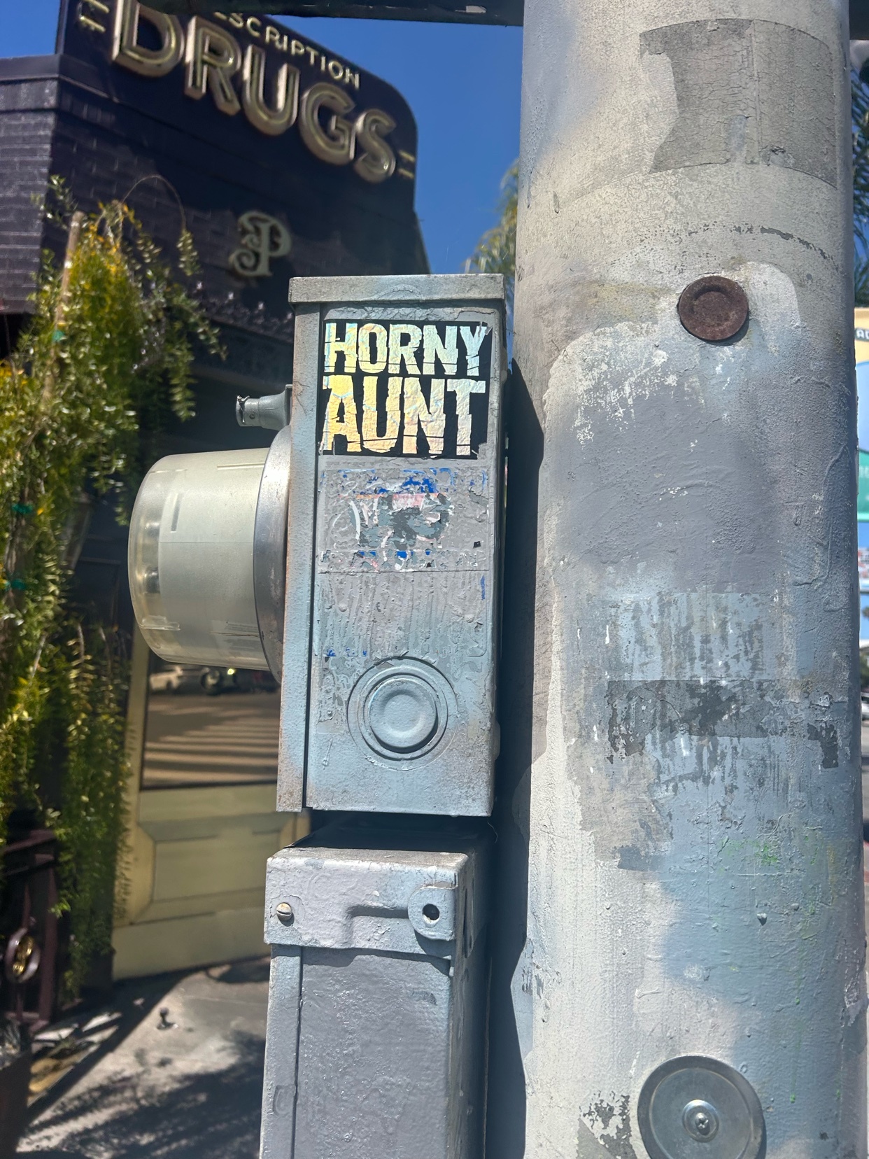 A sticker with the words "HORNY AUNT" is affixed to a utility box on a pole. The sticker is peeling and weathered, with a small cartoon elephant visible underneath. In the background, a building with the word "DRUGS" is partially visible.