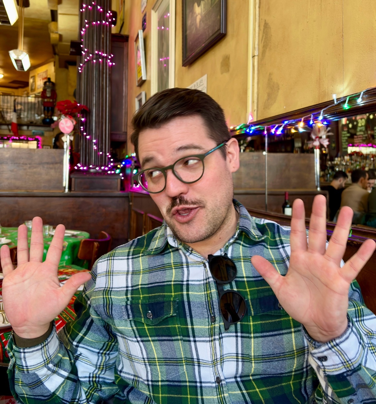 A man with a mustache and glasses poses for a photo in a restaurant. He is wearing a green plaid shirt.
