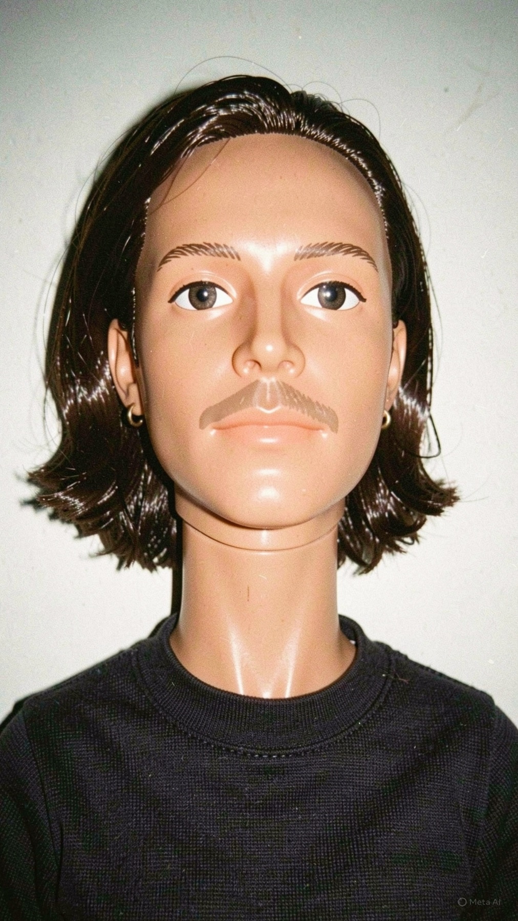 A close-up studio portrait of a doll with a mustache and dark hair, wearing a black t-shirt.
