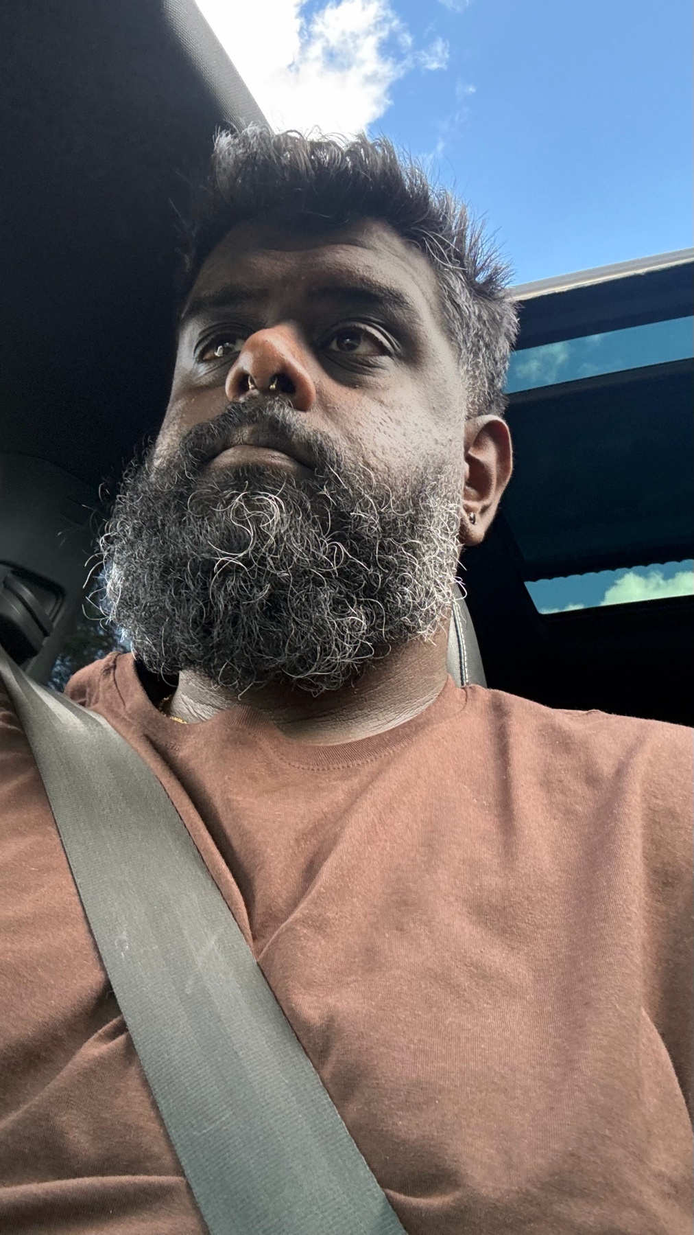 A man with a full beard and stubble is captured in a selfie from inside a car. He is wearing a brown t-shirt and looking off to the side.