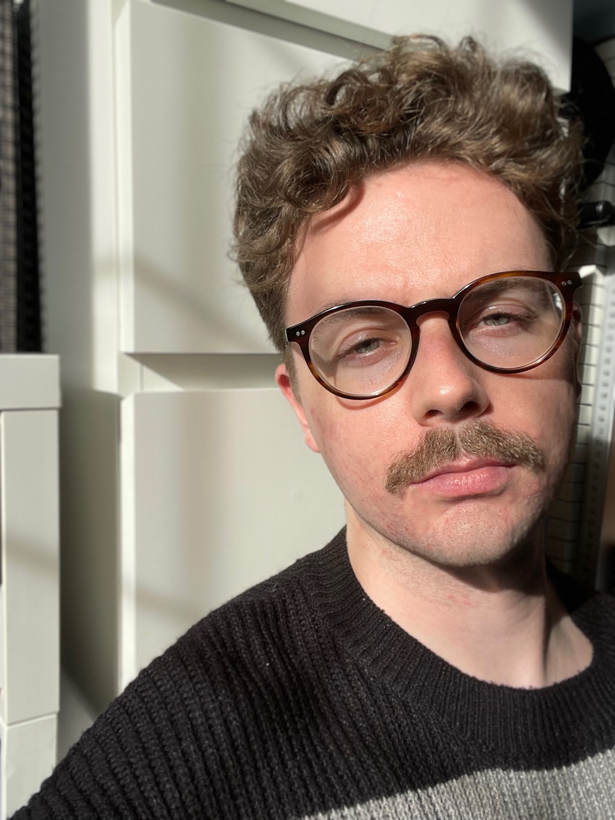A man with curly hair and a mustache takes a selfie. He is wearing glasses and a sweater.