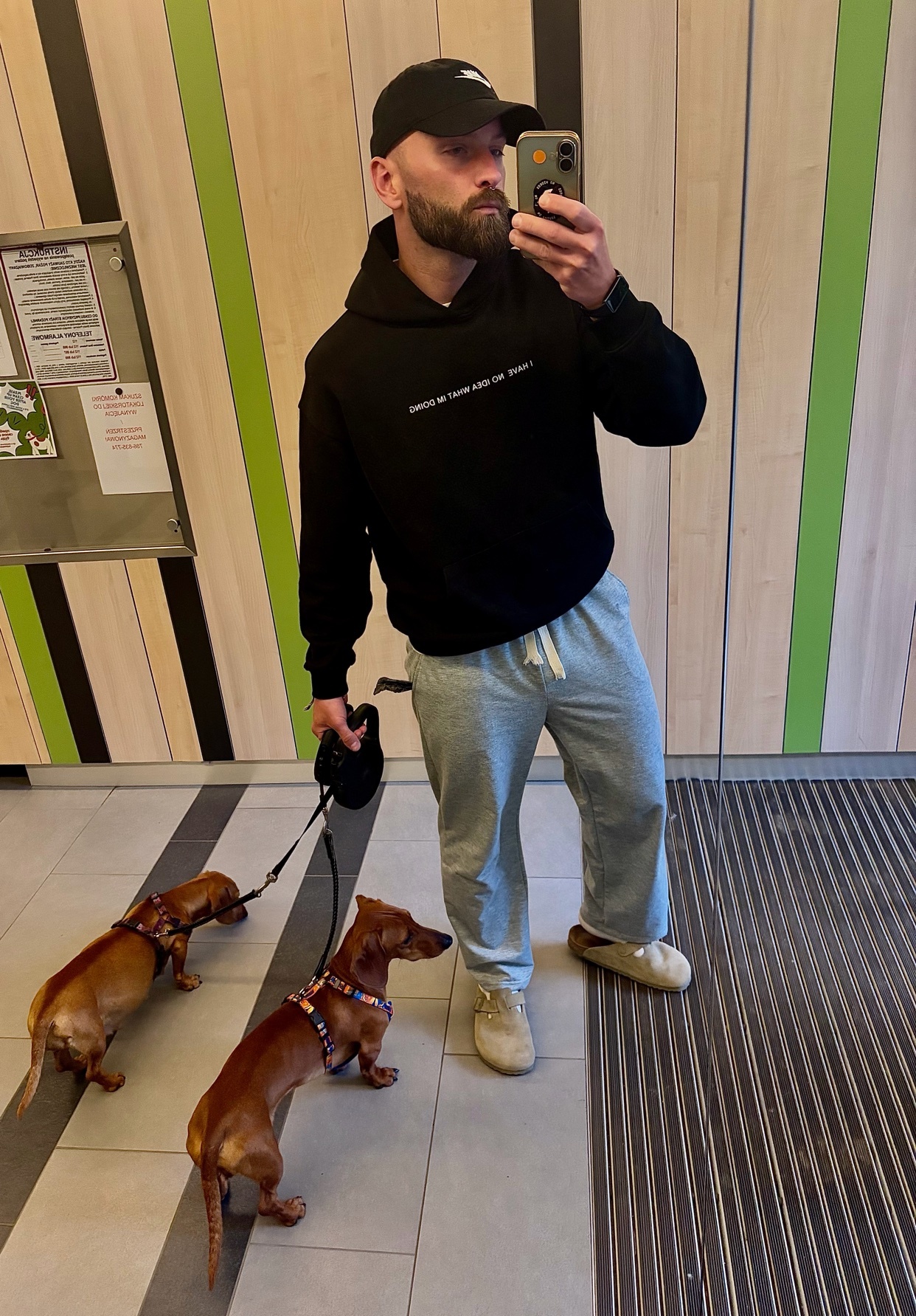 A man wearing a black hoodie, grey sweatpants, and a baseball cap takes a selfie with two dachshunds on leashes.