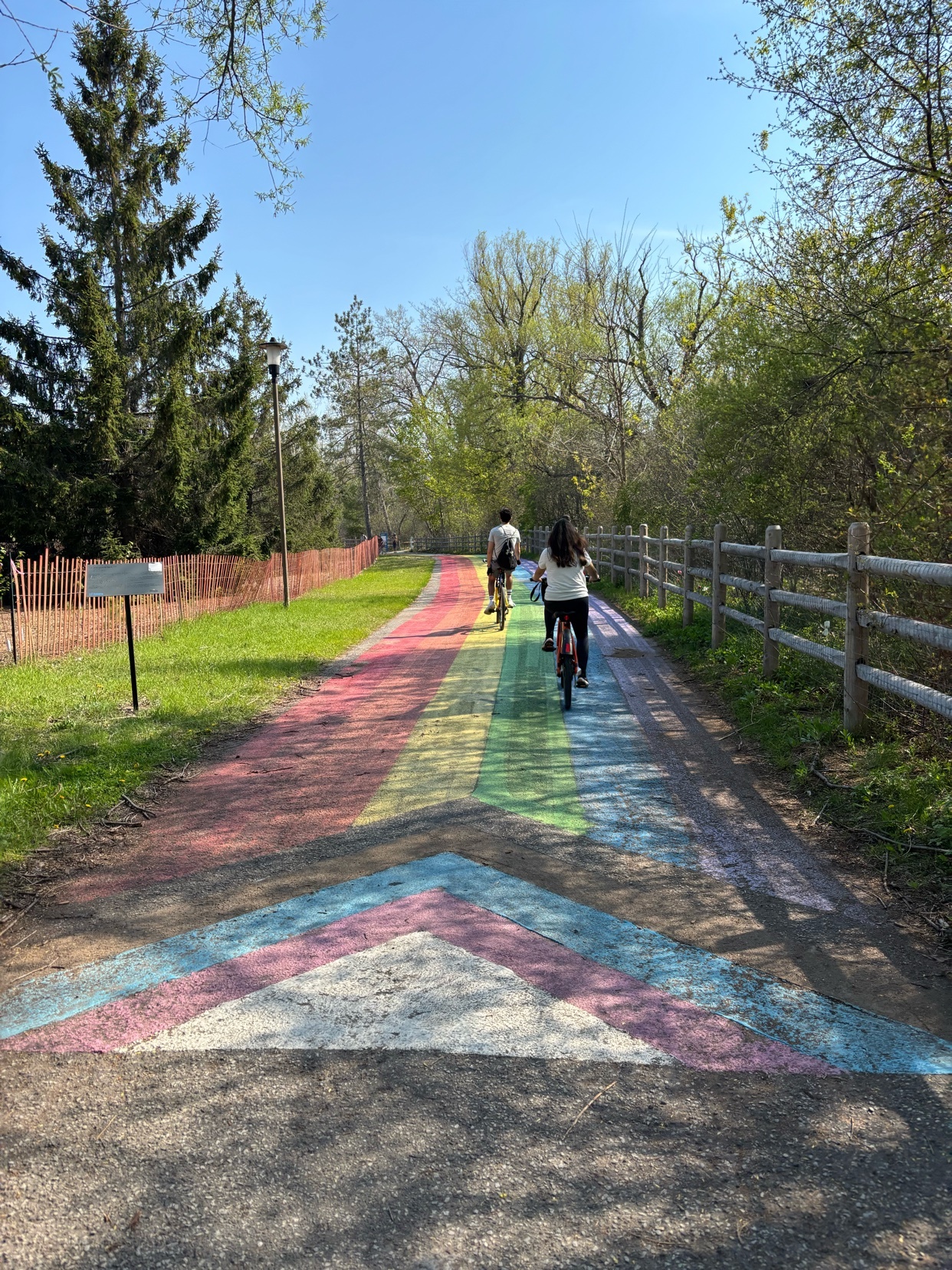 A paved path is painted with a rainbow and progress pride flag design, with two people cycling away from the camera on the colorful trail. The path is surrounded by green grass, trees, and a wooden fence under a clear blue sky.