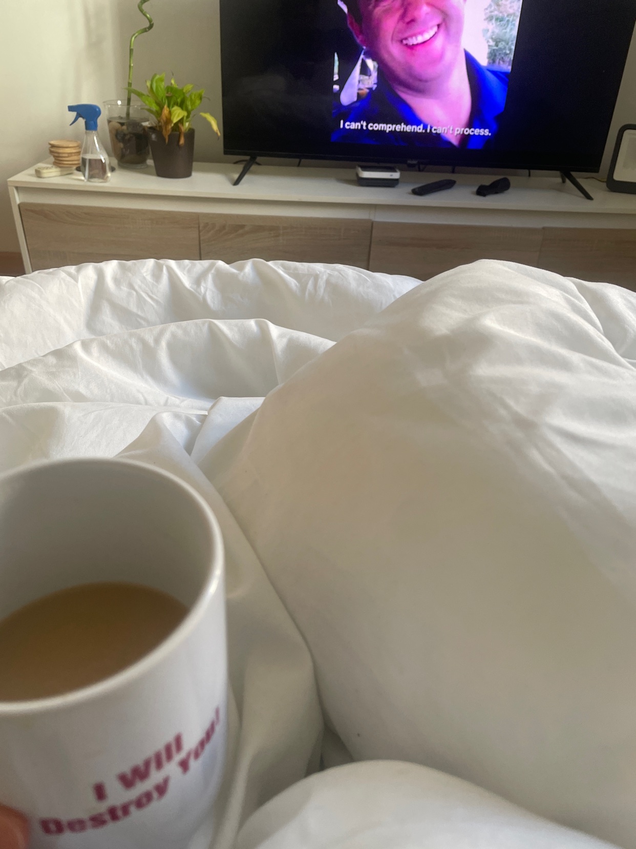 A cozy indoor scene with a mug of coffee on a bed, a TV playing in the background, and a plant. The image evokes a sense of comfort and relaxation.